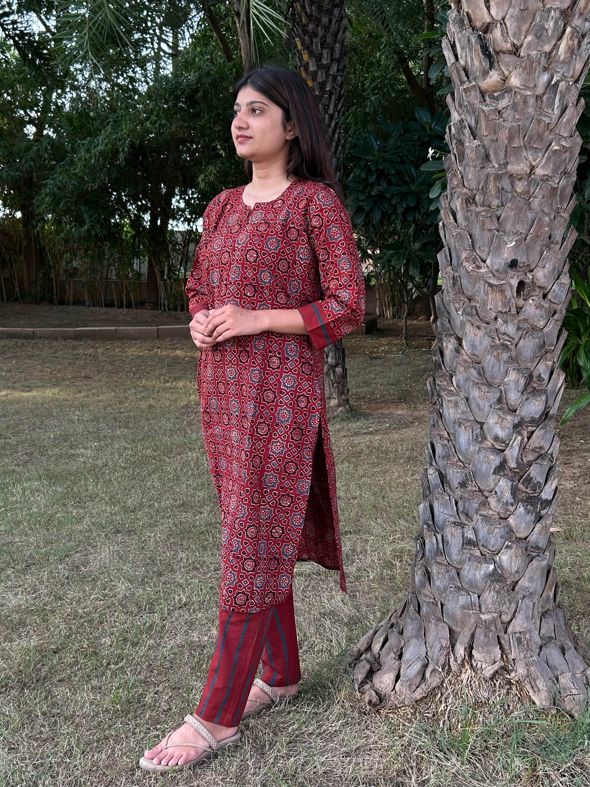 Ajrakh Hand Block Print Long Kurti & Pant Set – Cotton