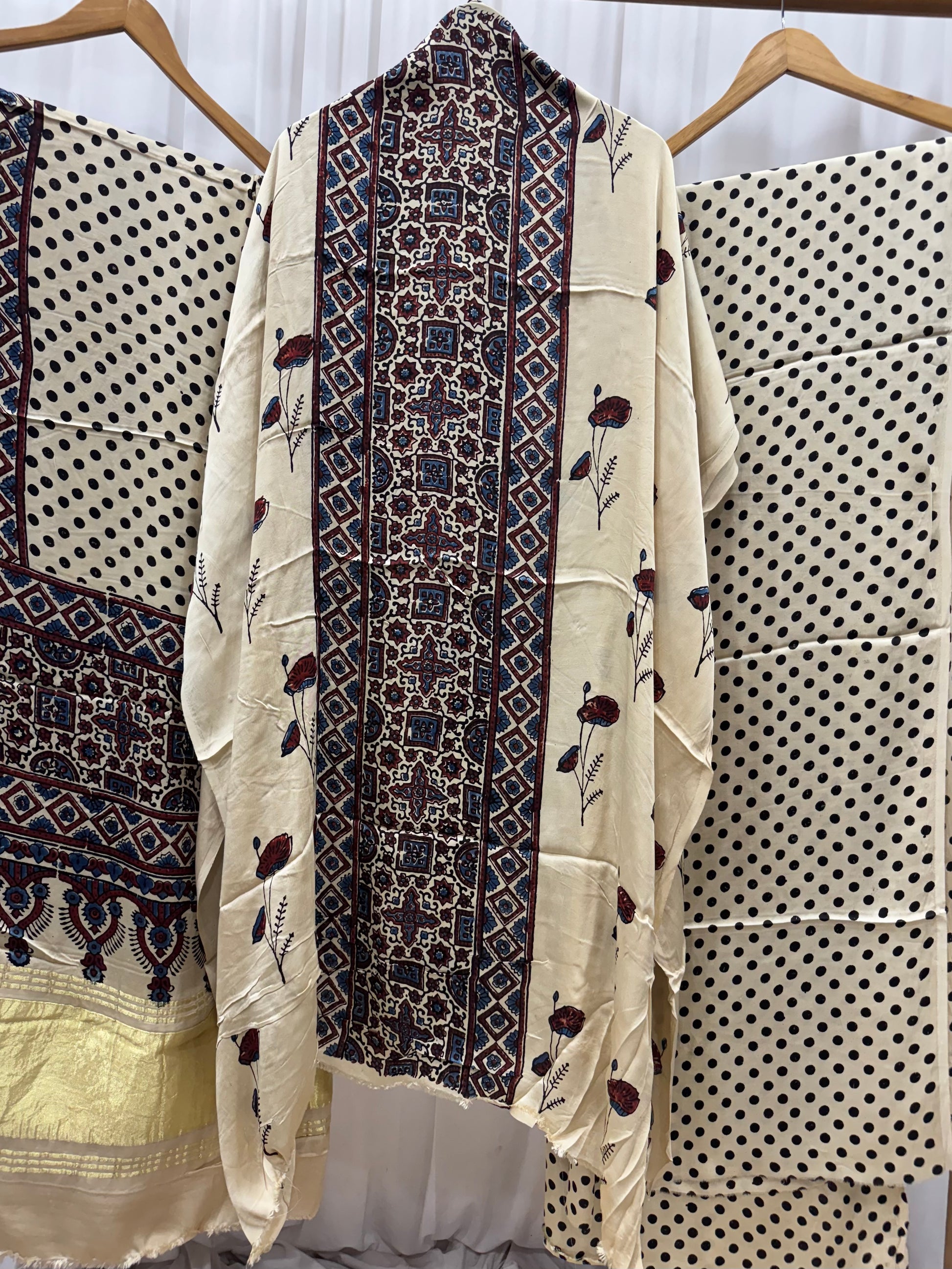 Modal Silk Ajrakh Hand Block printed 3 piece Suit Dress Materials with TCU PALLU (LAGDI / ZARI PATTA)