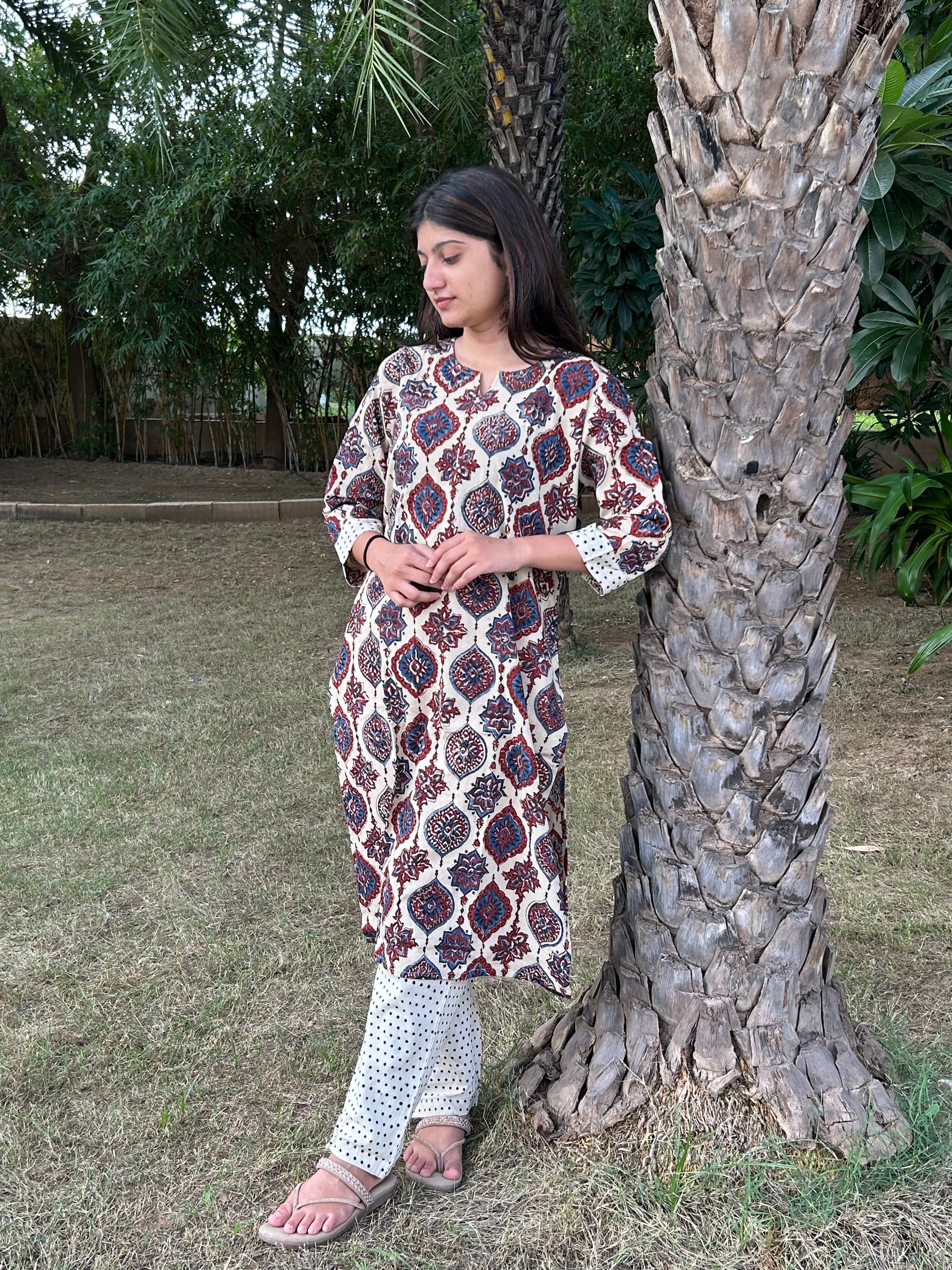 Ajrakh Hand Block Print Long Kurti & Pant Set – Cotton