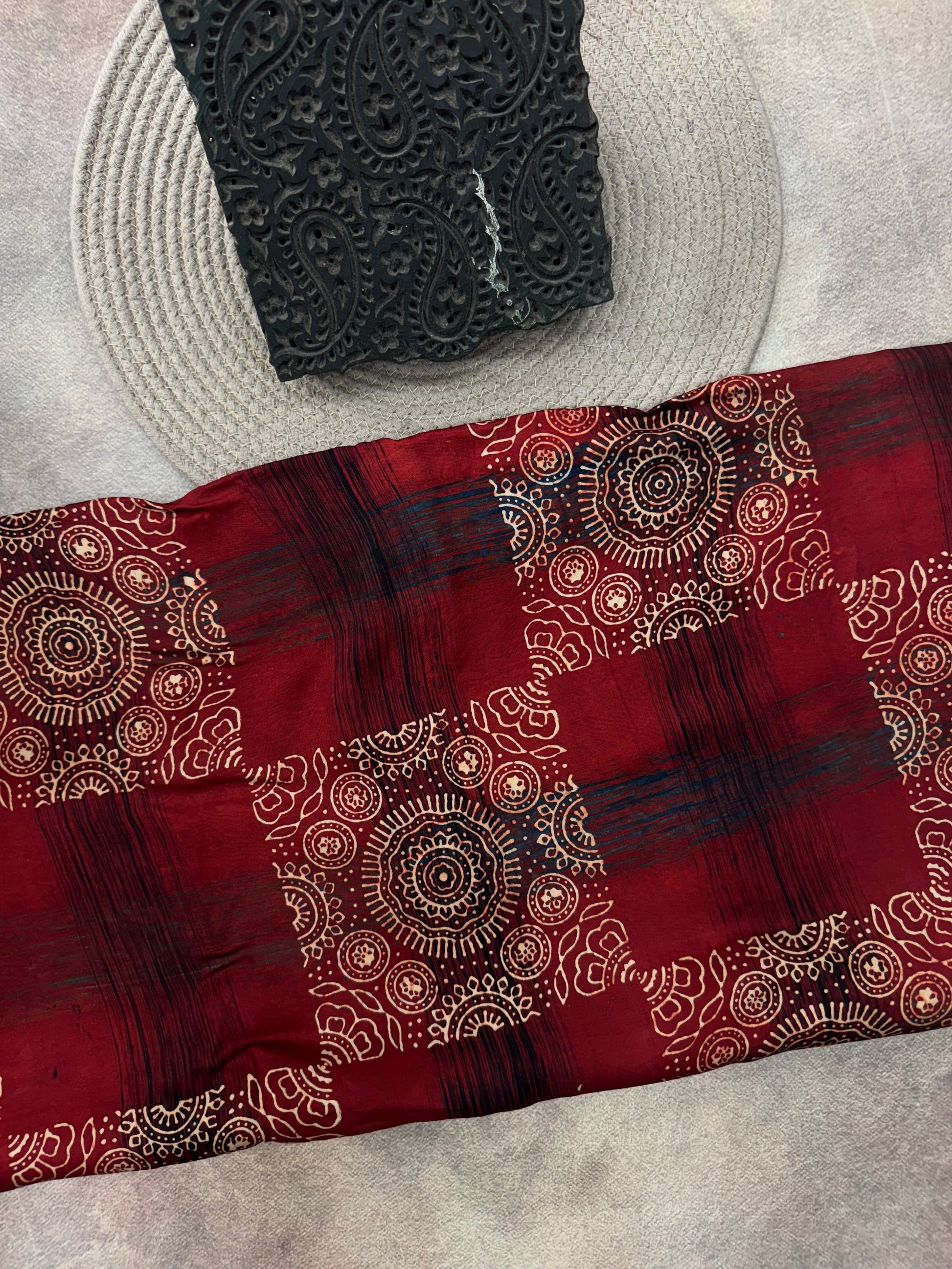 Modal silk Ajrakh Hand Block Printed Running Fabric