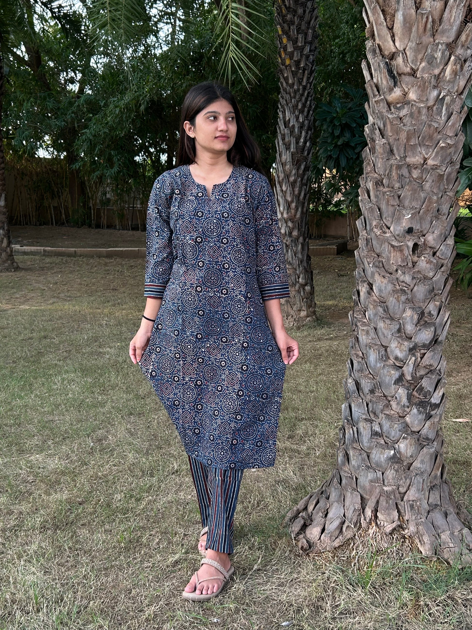 Ajrakh Hand Block Print Long Kurti & Pant Set – Cotton