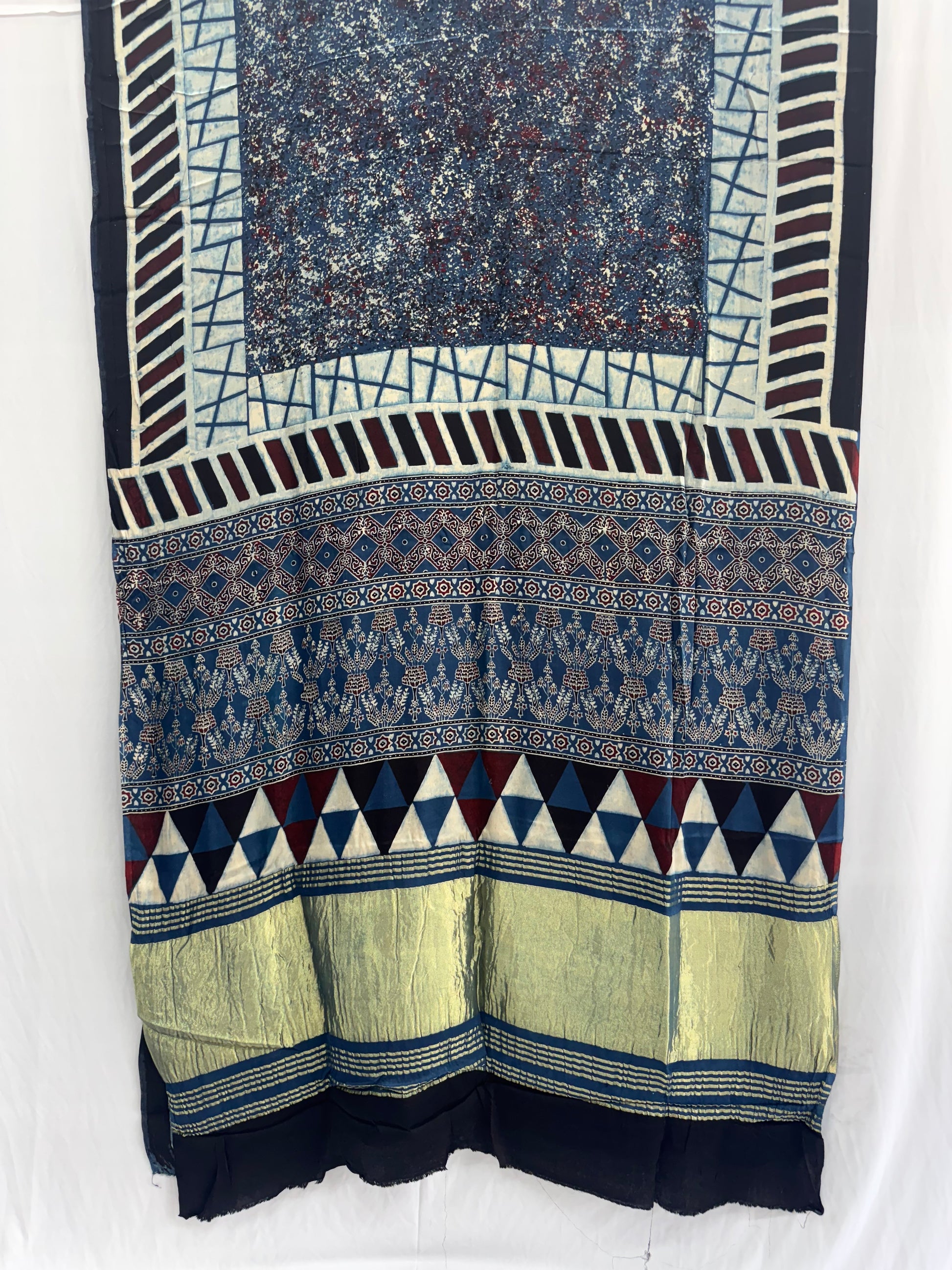 Modal silk Ajrakh Hand Block Saree With TCU Pallu (ZARI/LAGDI PATTA)