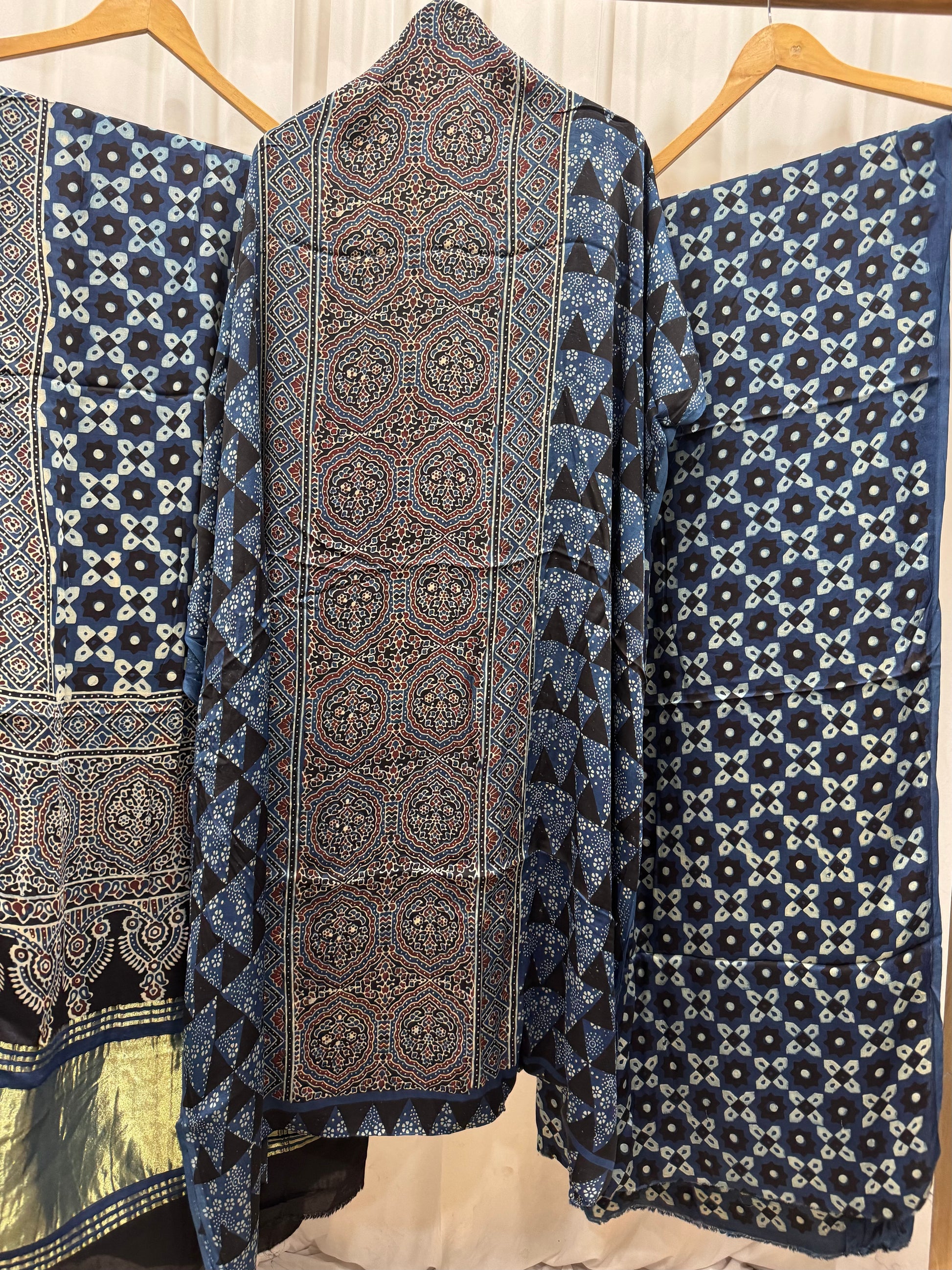 Modal Silk Ajrakh Hand Block printed 3 piece Suit Dress Materials with TCU PALLU (LAGDI / ZARI PATTA)