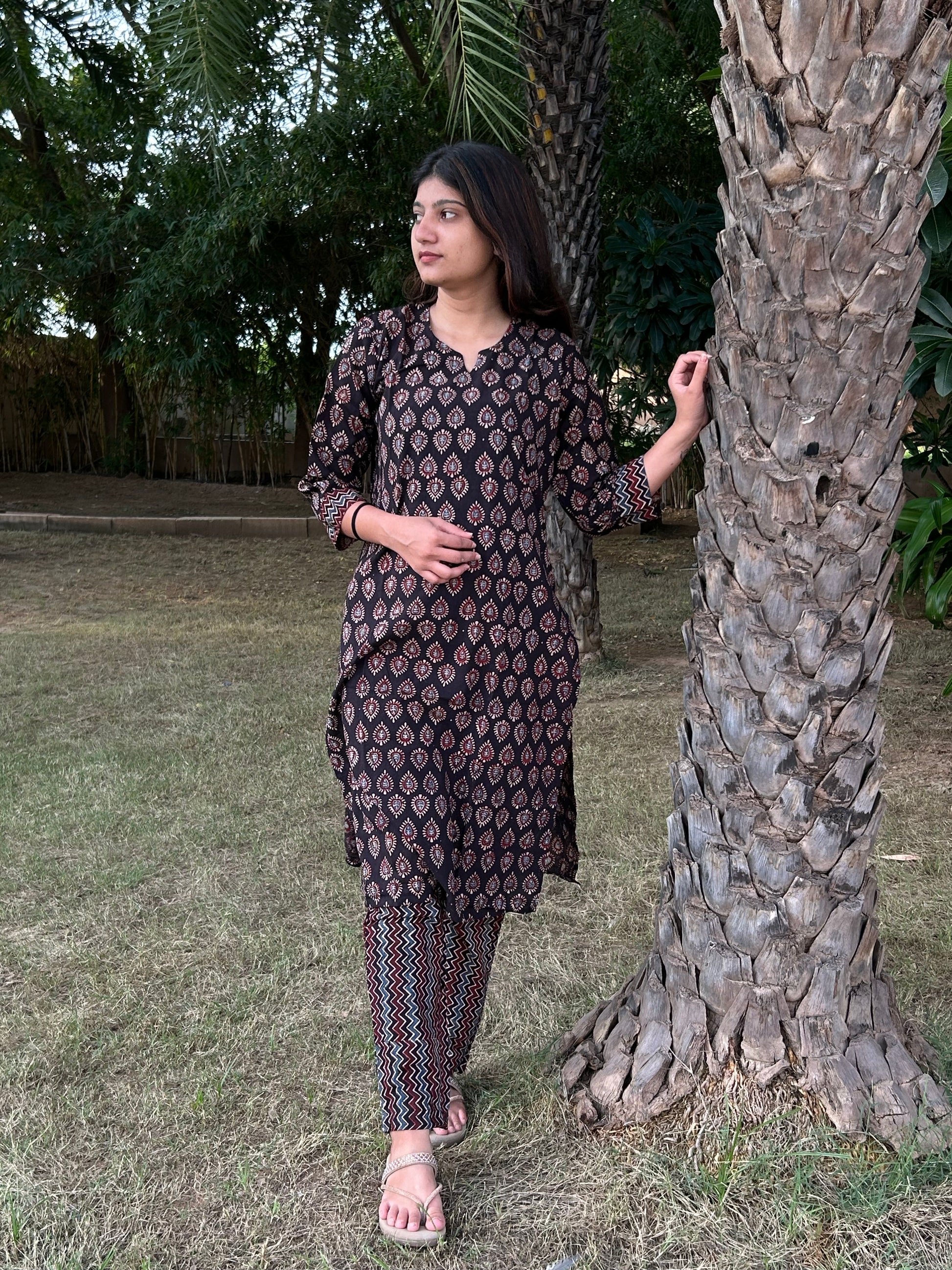 Ajrakh Hand Block Print Long Kurti & Pant Set – Cotton