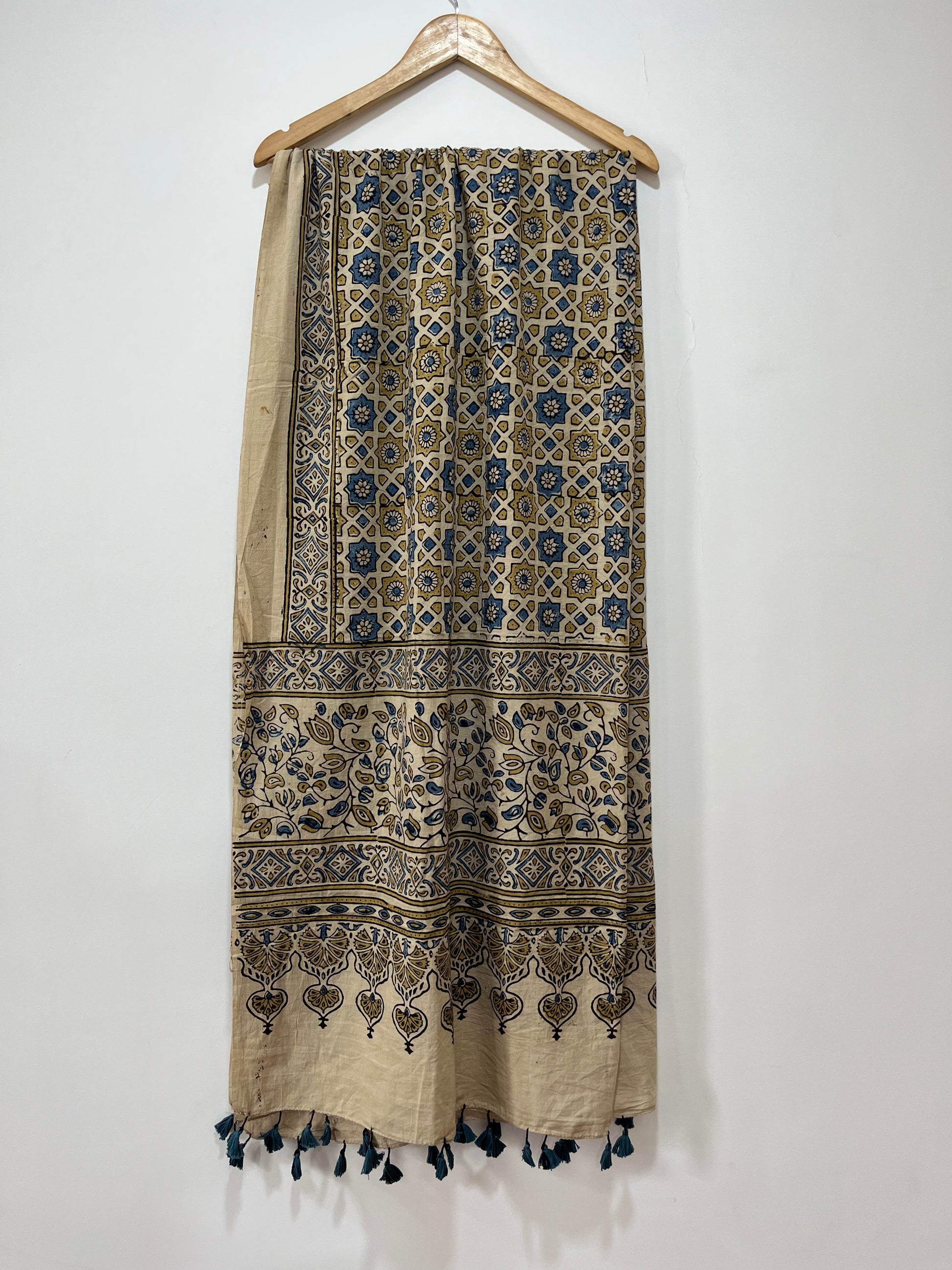 Cotton Ajrakh Hand Block Dupatta With Tessels