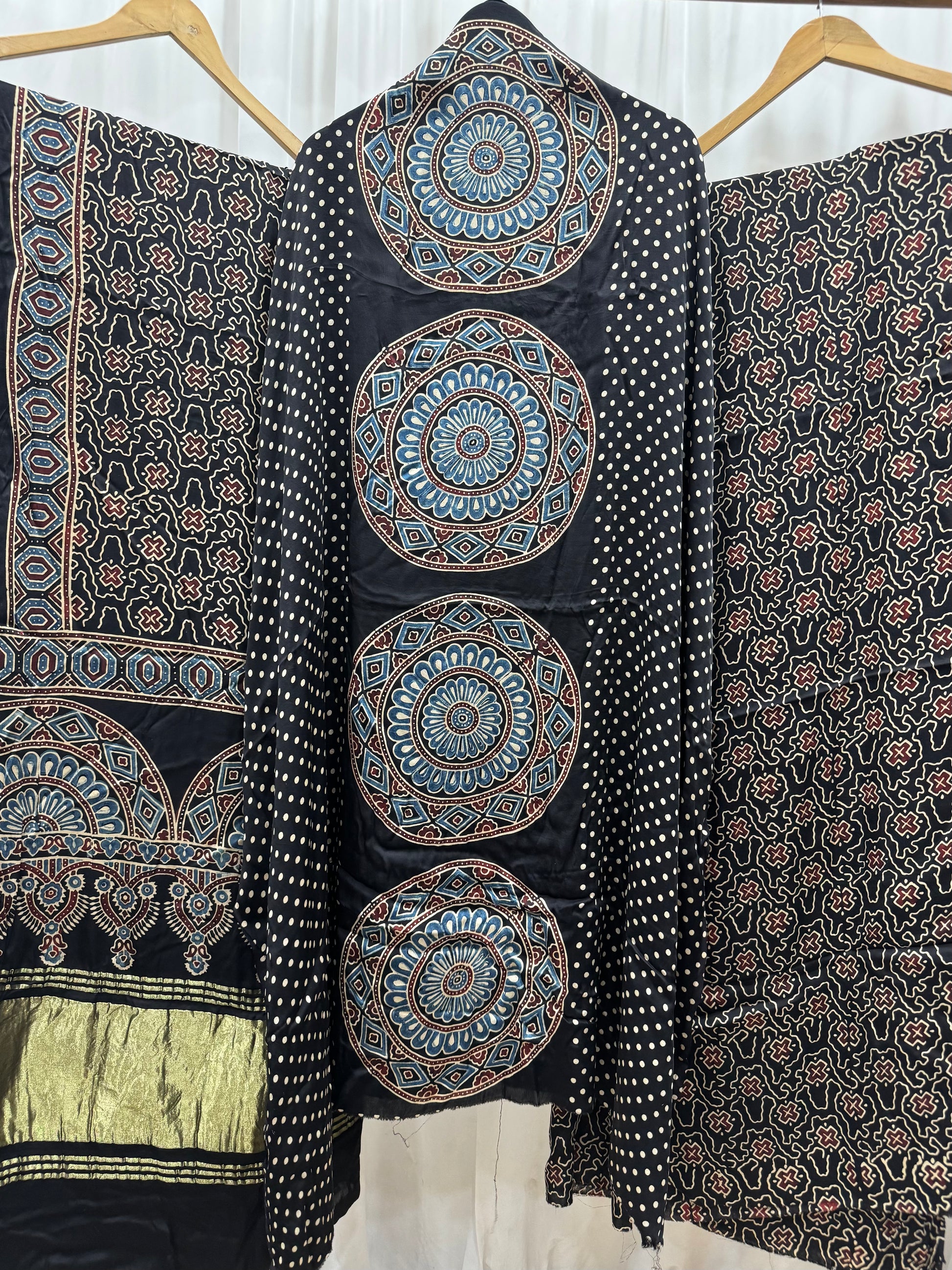 Modal Silk Ajrakh Hand Block printed 3 piece Suit Dress Materials with TCU PALLU (LAGDI / ZARI PATTA)