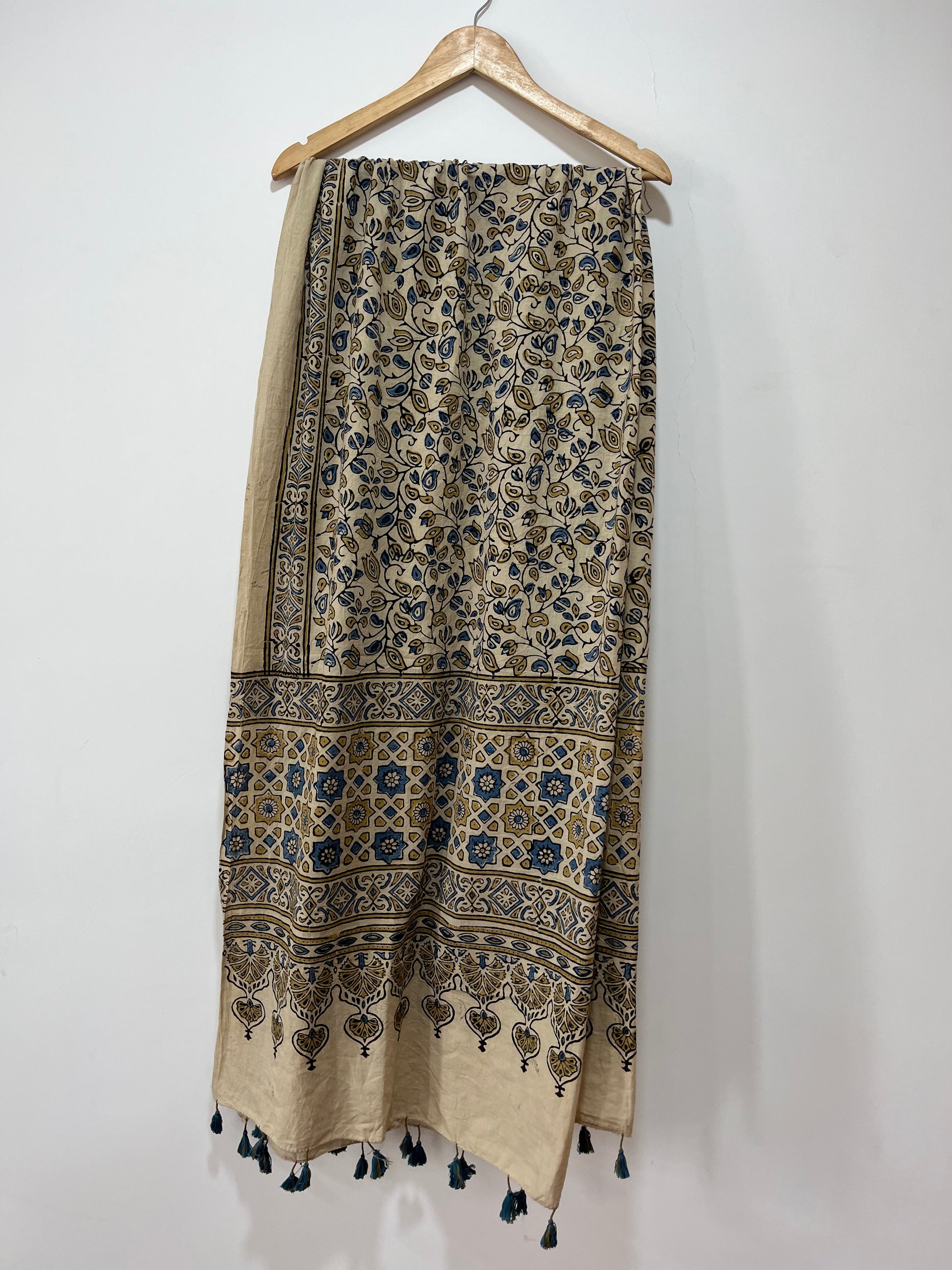 Cotton Ajrakh Hand Block Dupatta With Tessels