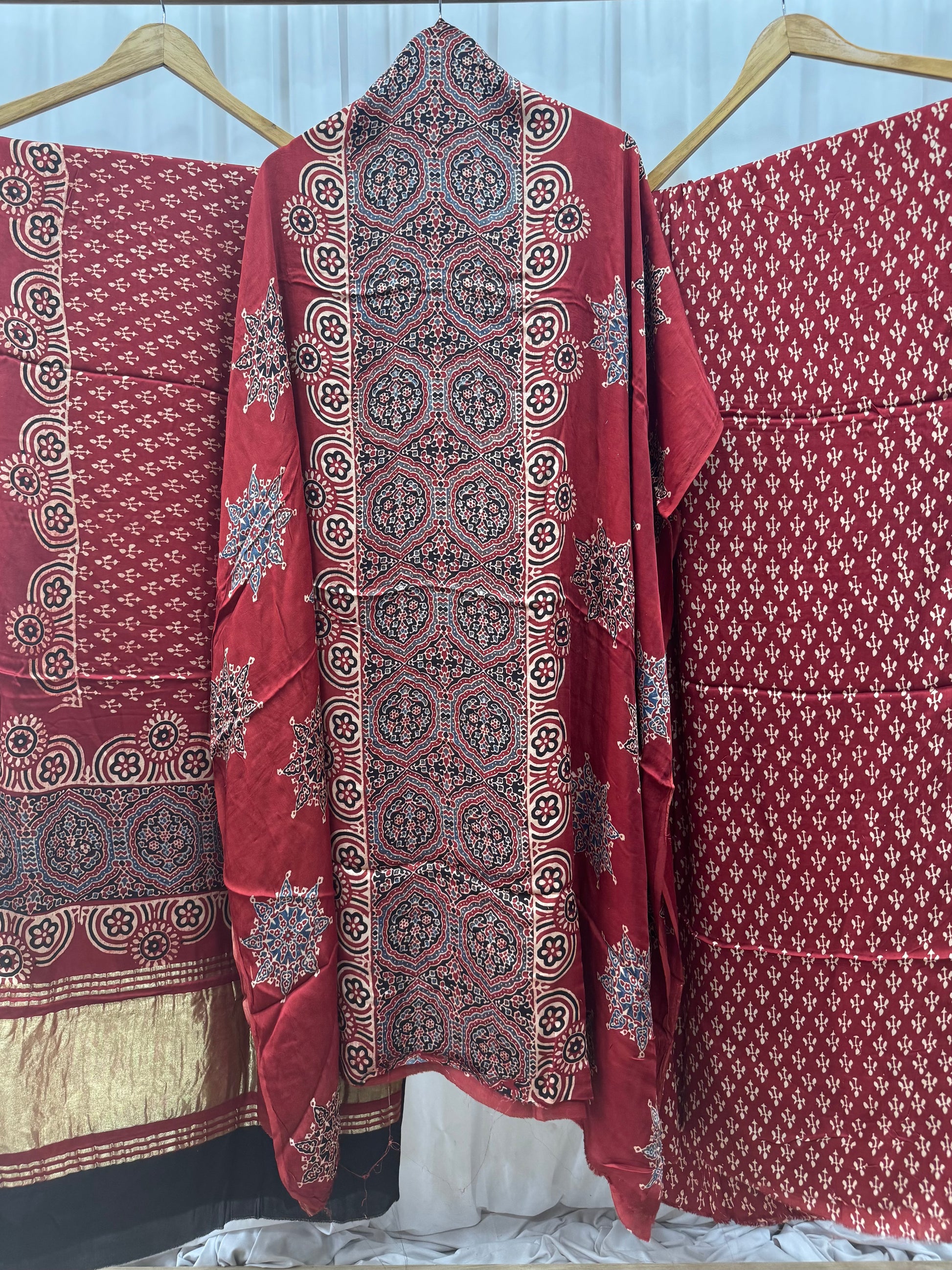 Modal Silk Ajrakh Hand Block printed 3 piece Suit Dress Materials with TCU PALLU (LAGDI / ZARI PATTA)