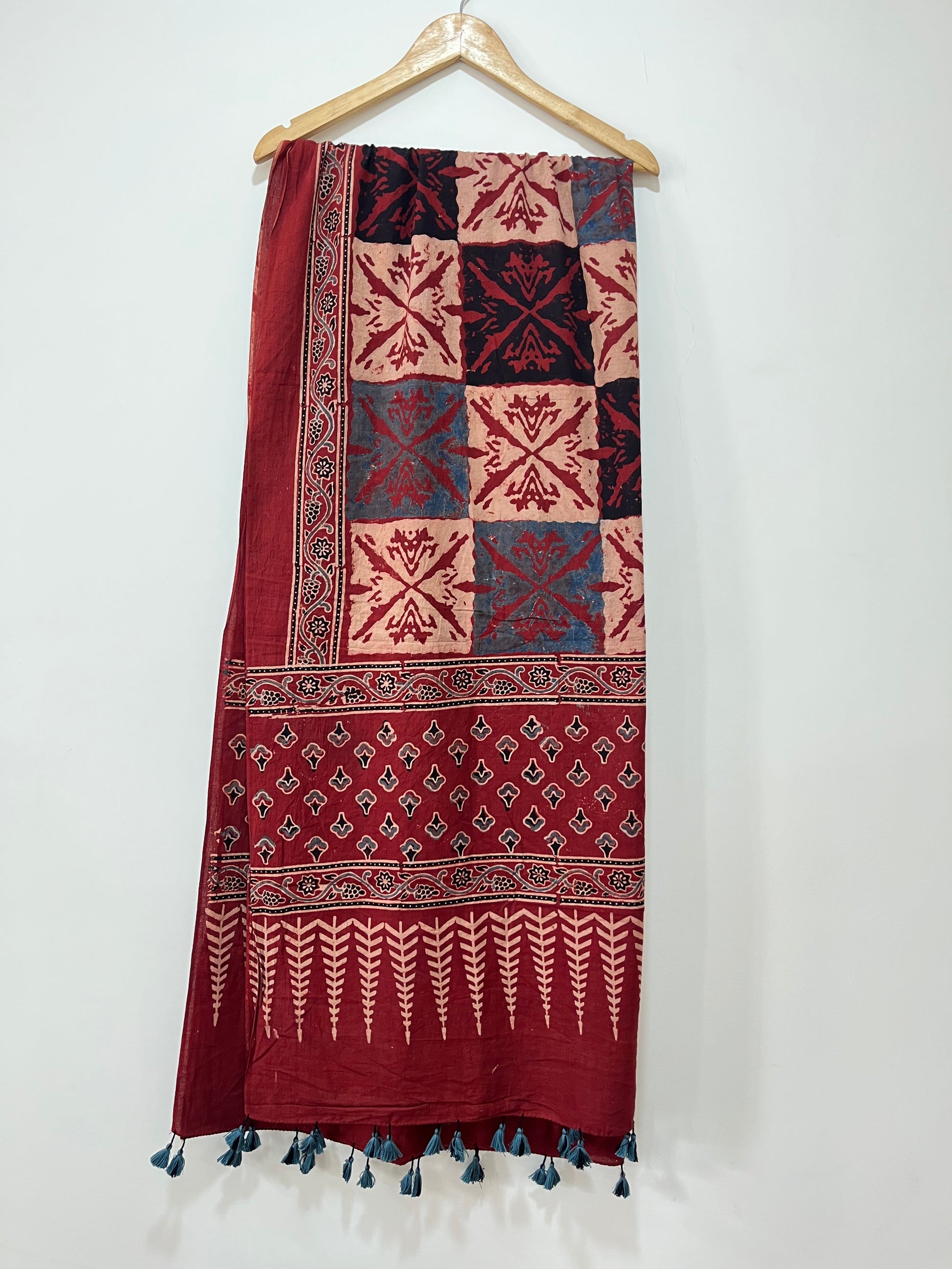 Cotton Ajrakh Hand Block Dupatta With Tessels