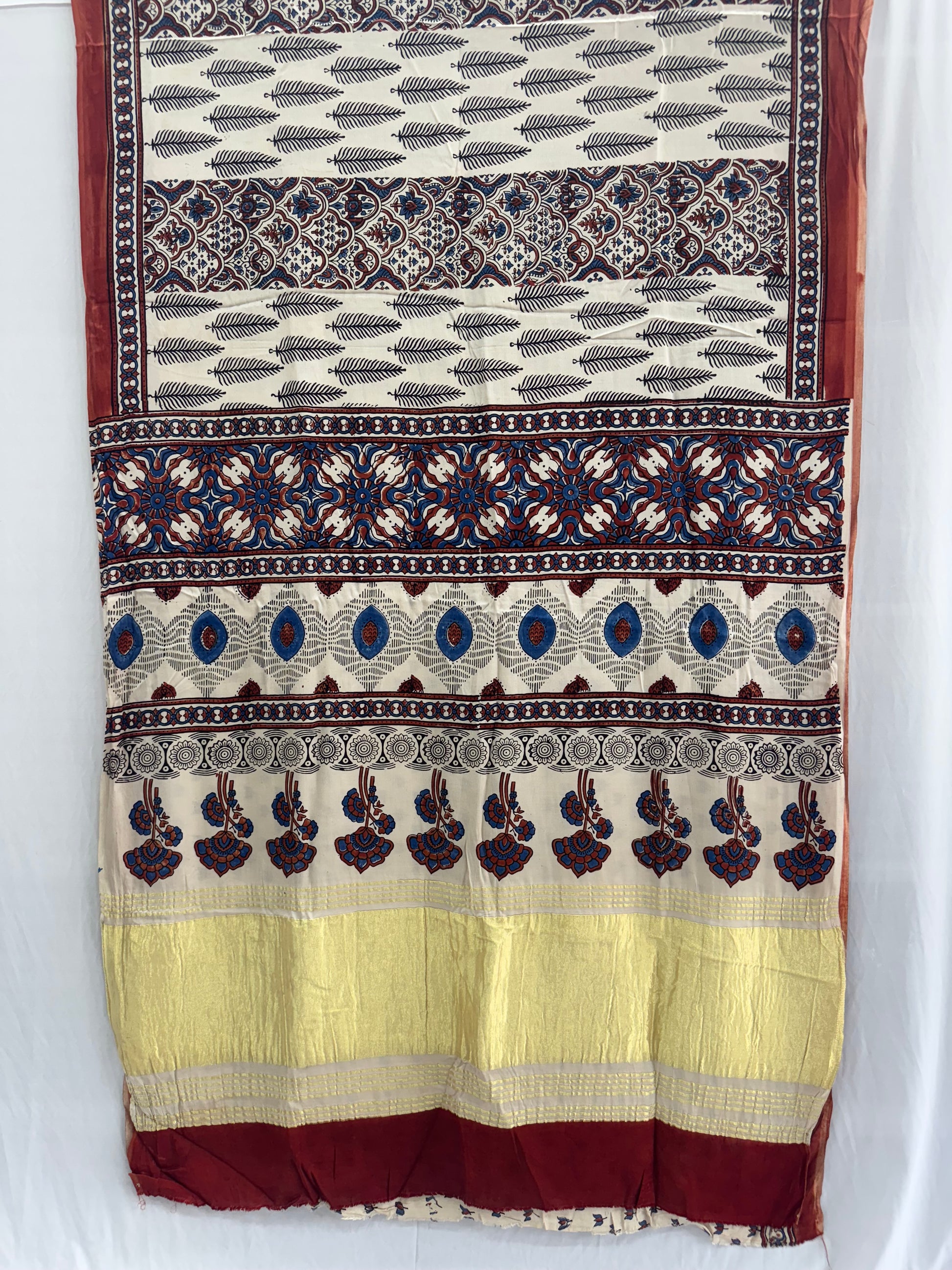 Modal silk Ajrakh Hand Block Saree With TCU Pallu (ZARI/LAGDI PATTA)