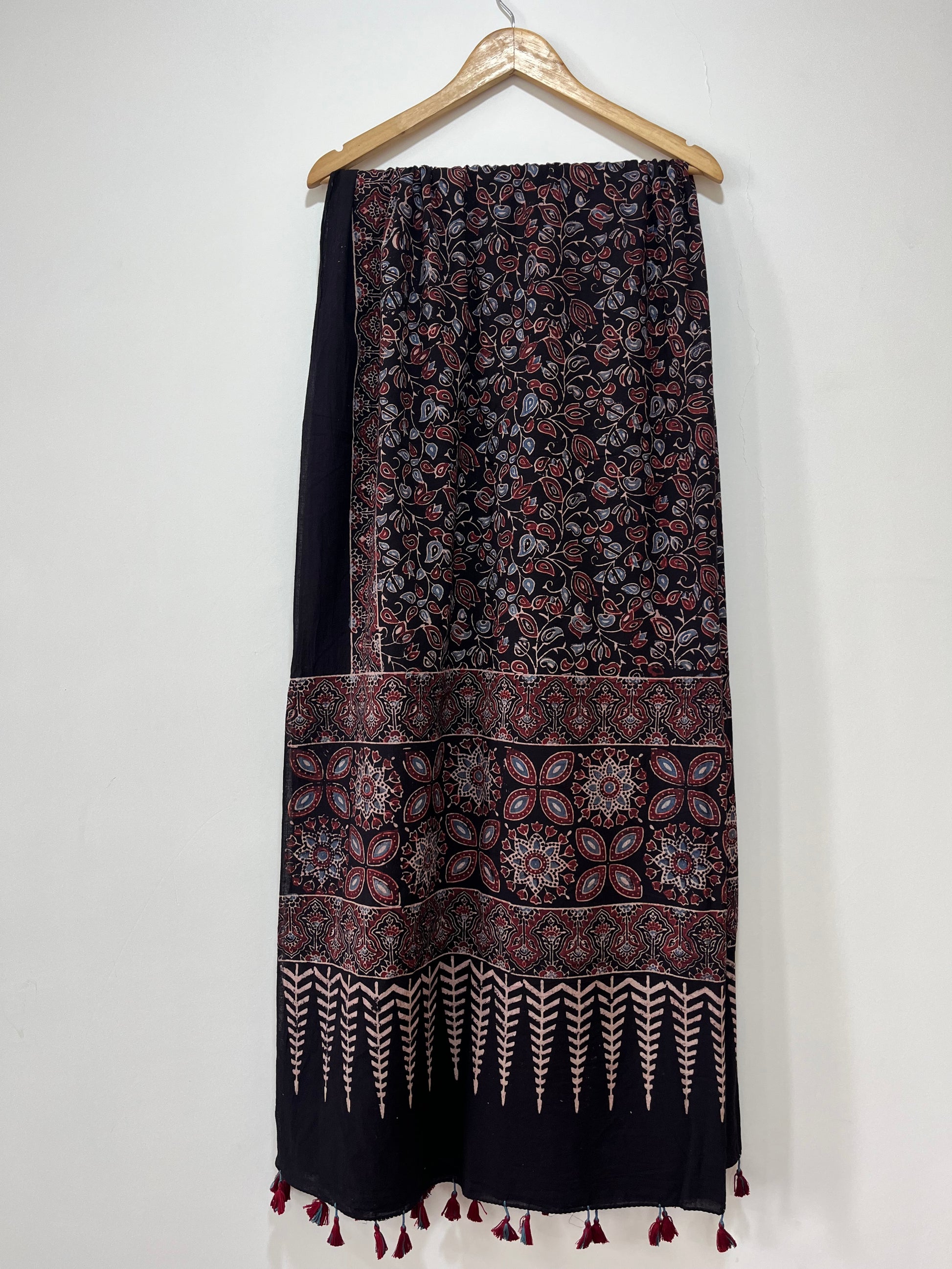 Cotton Ajrakh Hand Block Dupatta With Tessels