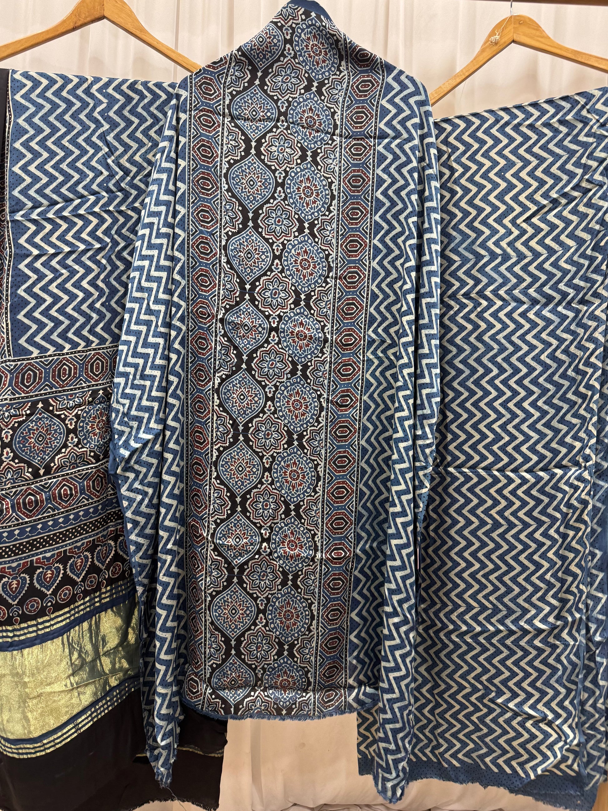 Modal Silk Ajrakh Hand Block printed 3 piece Suit Dress Materials with TCU PALLU (LAGDI / ZARI PATTA)
