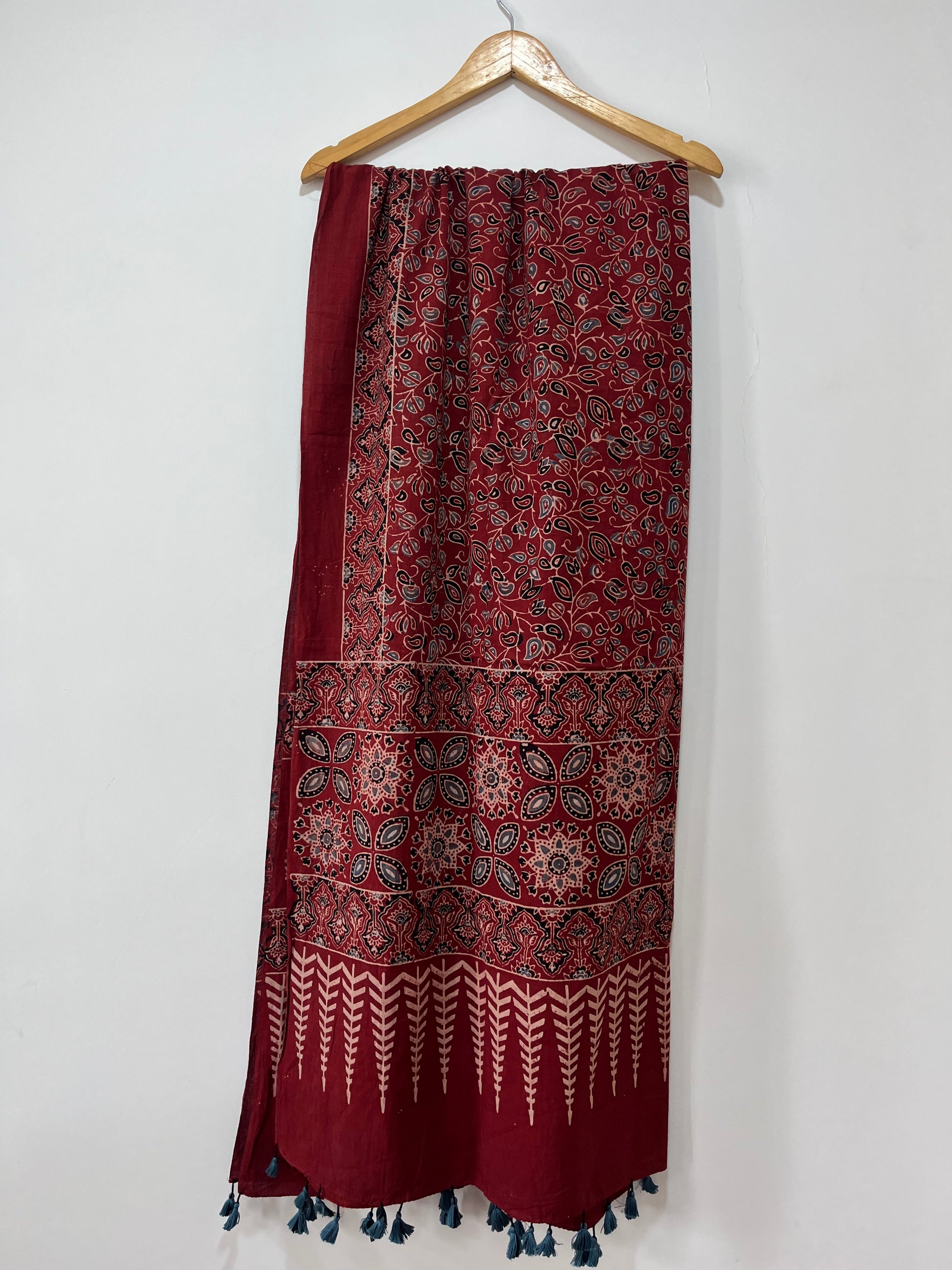 Cotton Ajrakh Hand Block Dupatta With Tessels