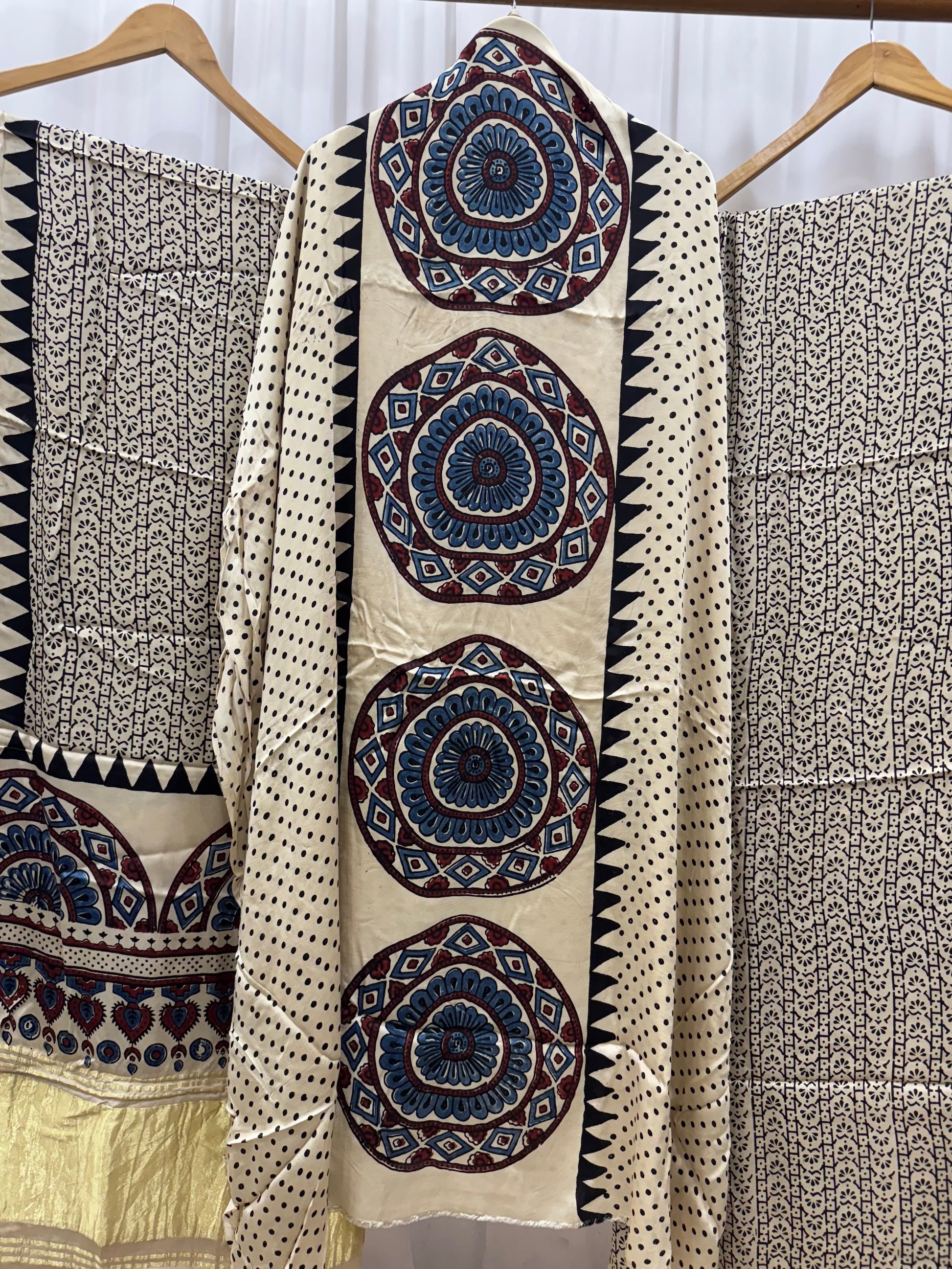 Modal Silk Ajrakh Hand Block printed 3 piece Suit Dress Materials with TCU PALLU (LAGDI / ZARI PATTA)