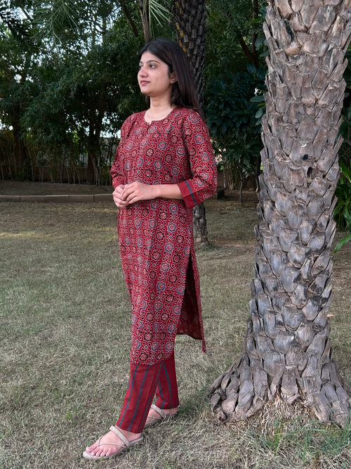 Ajrakh Hand Block Print Long Kurti & Pant Set – Cotton