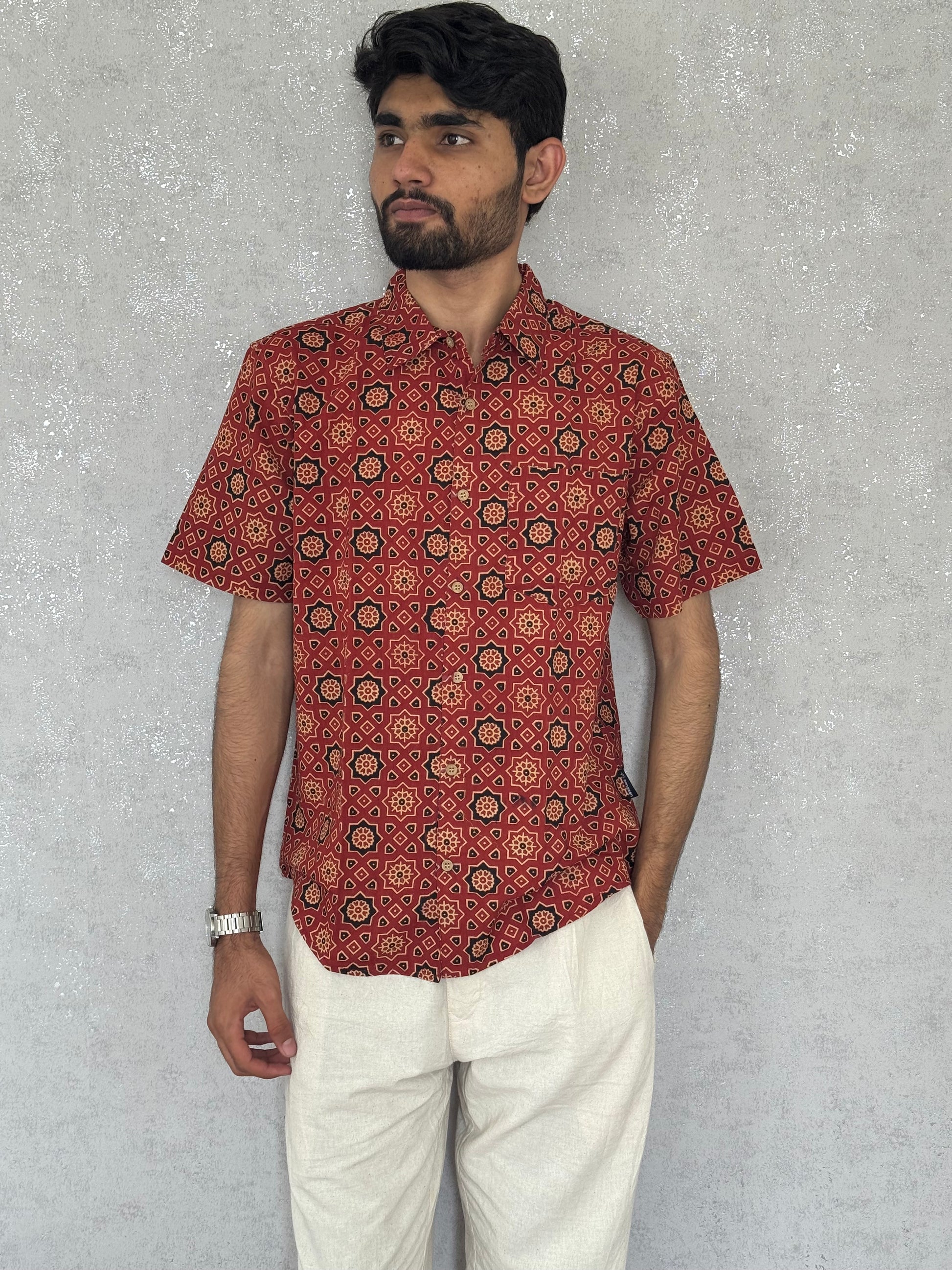 Cotton Ajrakh Half Sleeve Shirt For Men