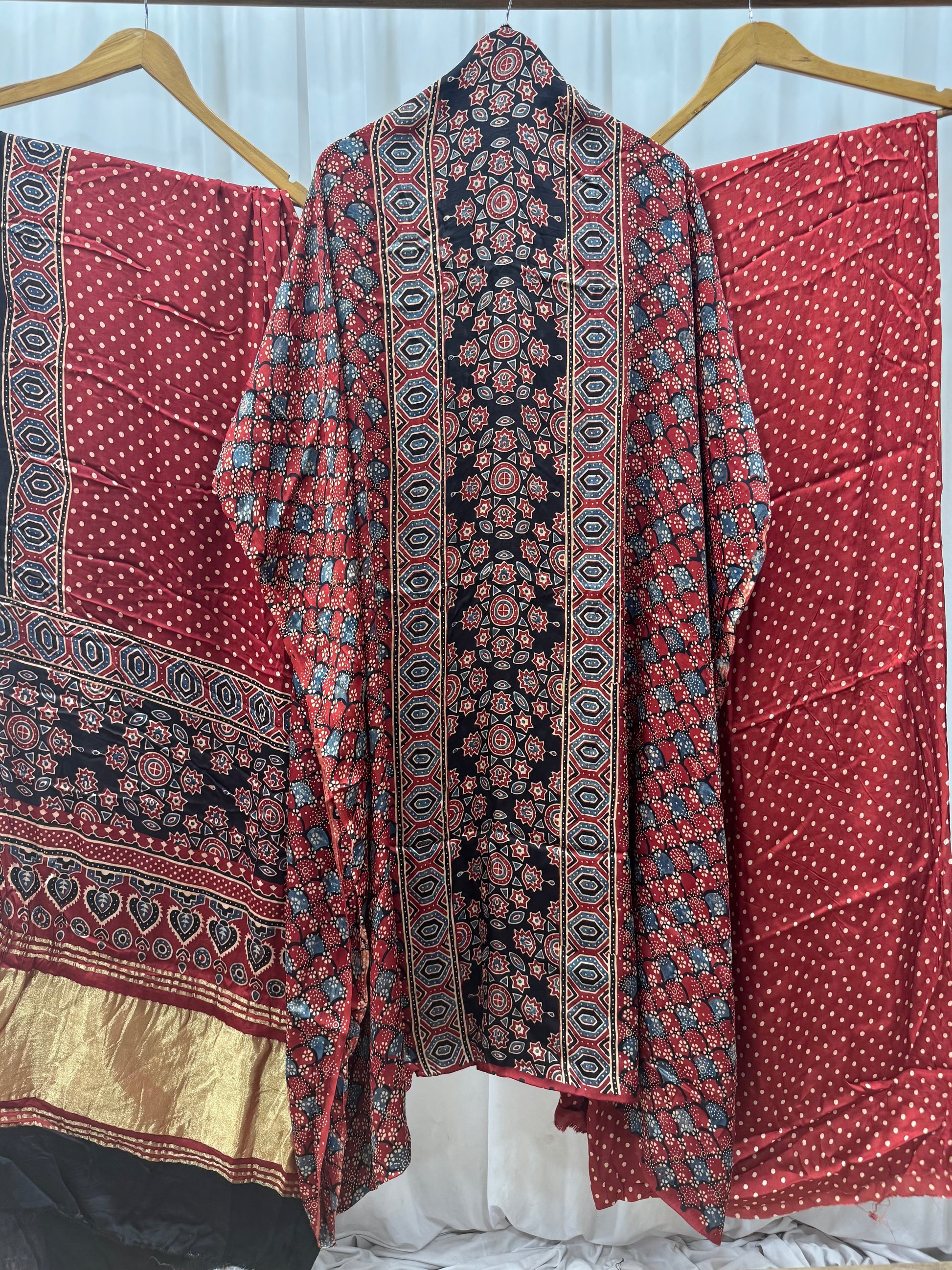 Modal Silk Ajrakh Hand Block printed 3 piece Suit Dress Materials with TCU PALLU (LAGDI / ZARI PATTA)