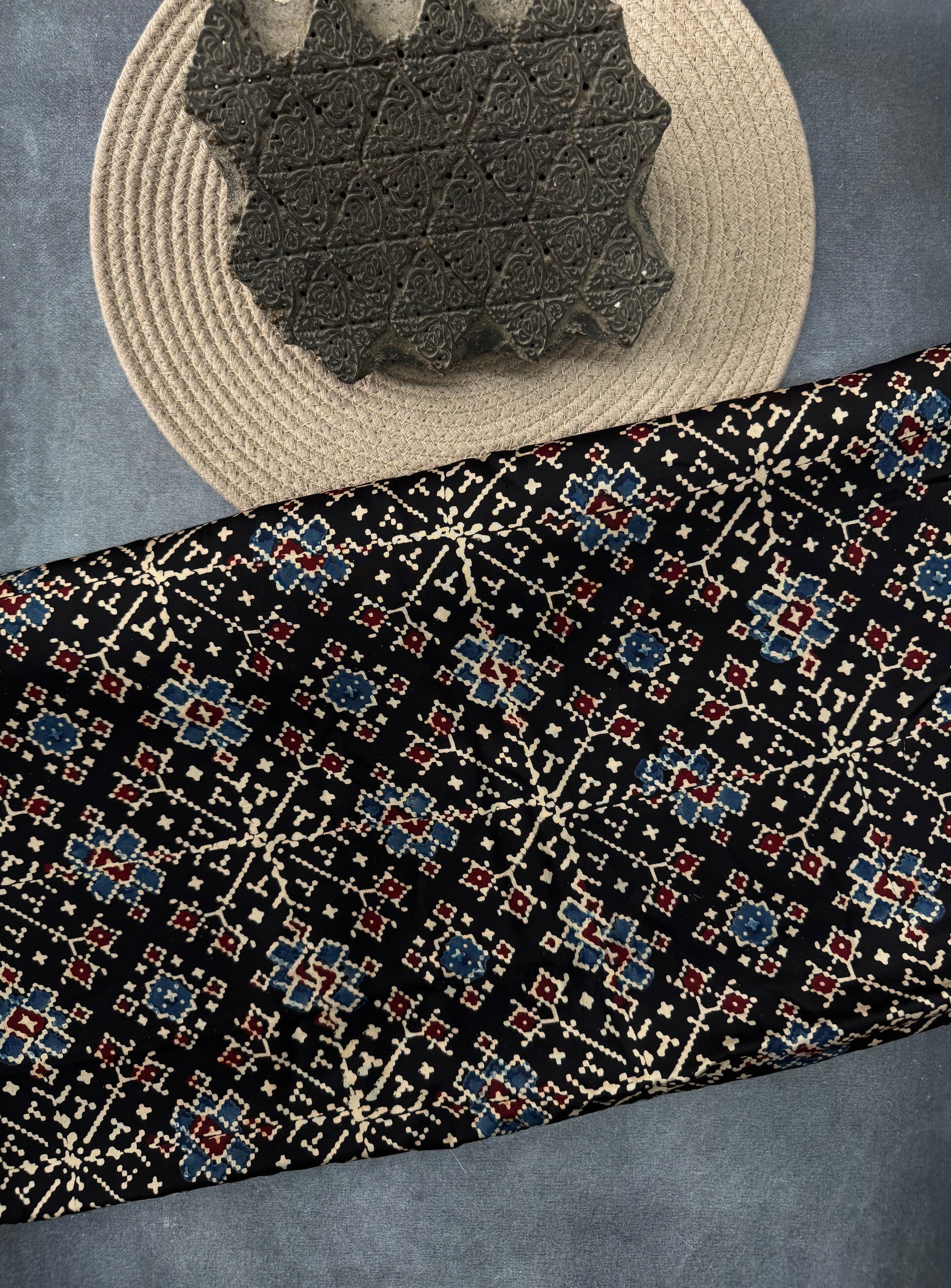 Modal silk Ajrakh Hand Block Printed Running Fabric