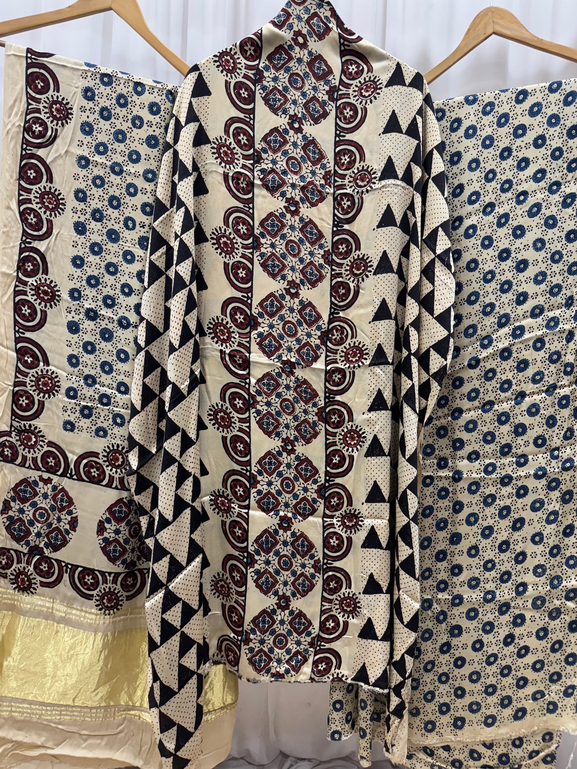 Modal Silk Ajrakh Hand Block printed 3 piece Suit Dress Materials with TCU PALLU (LAGDI / ZARI PATTA)
