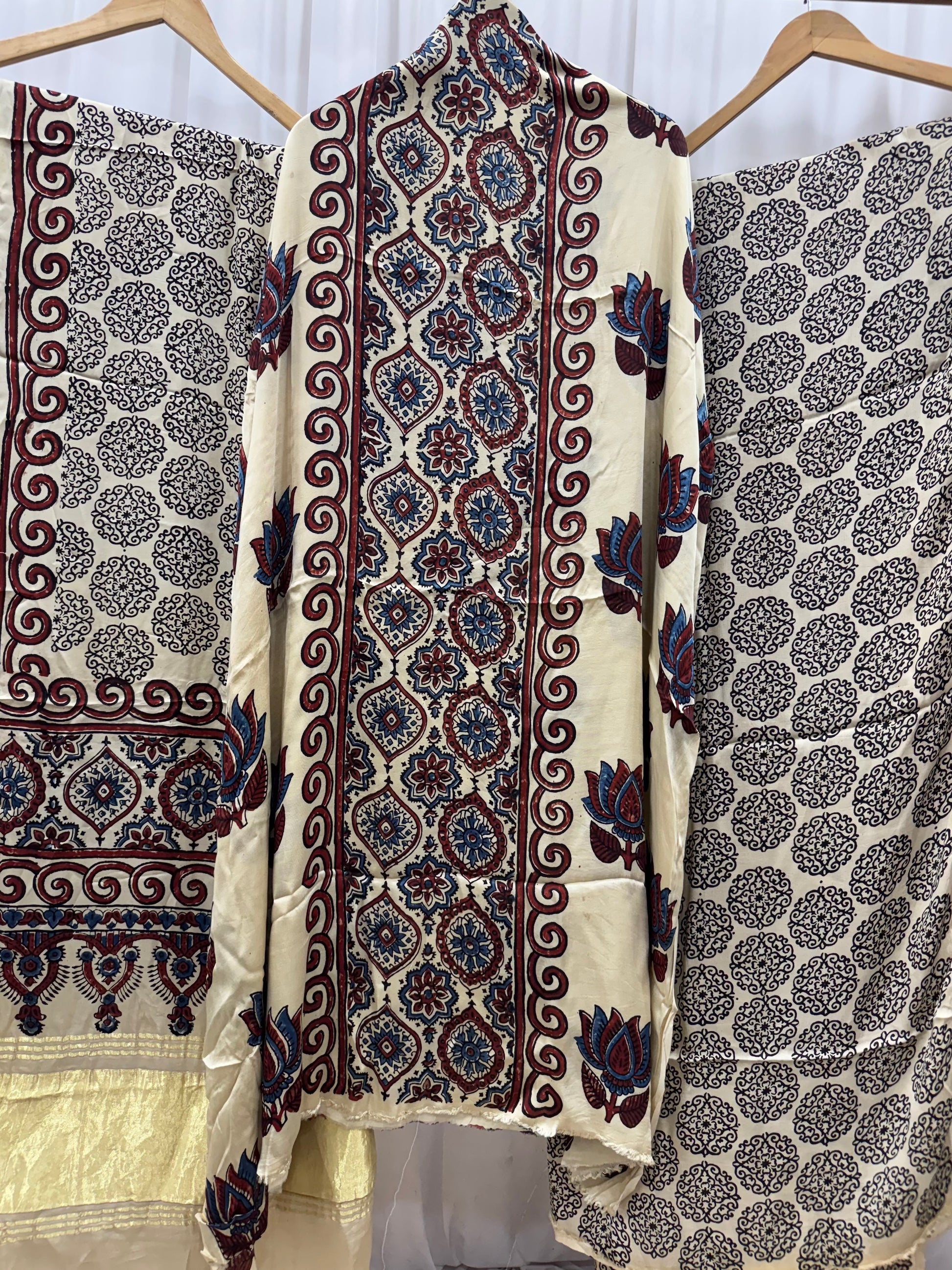 Modal Silk Ajrakh Hand Block printed 3 piece Suit Dress Materials with TCU PALLU (LAGDI / ZARI PATTA)