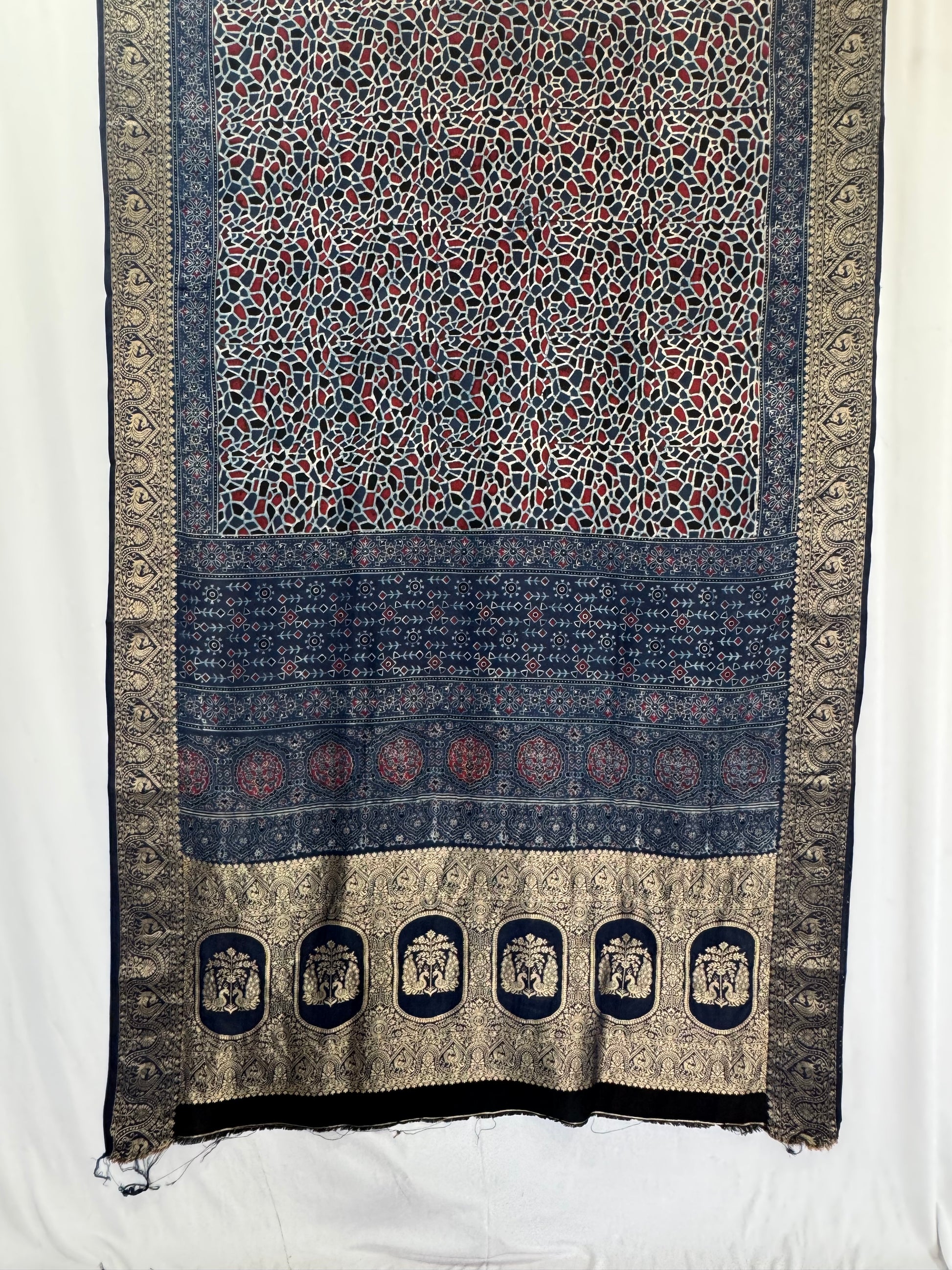 Dola Silk Ajrakh Hand Block Saree