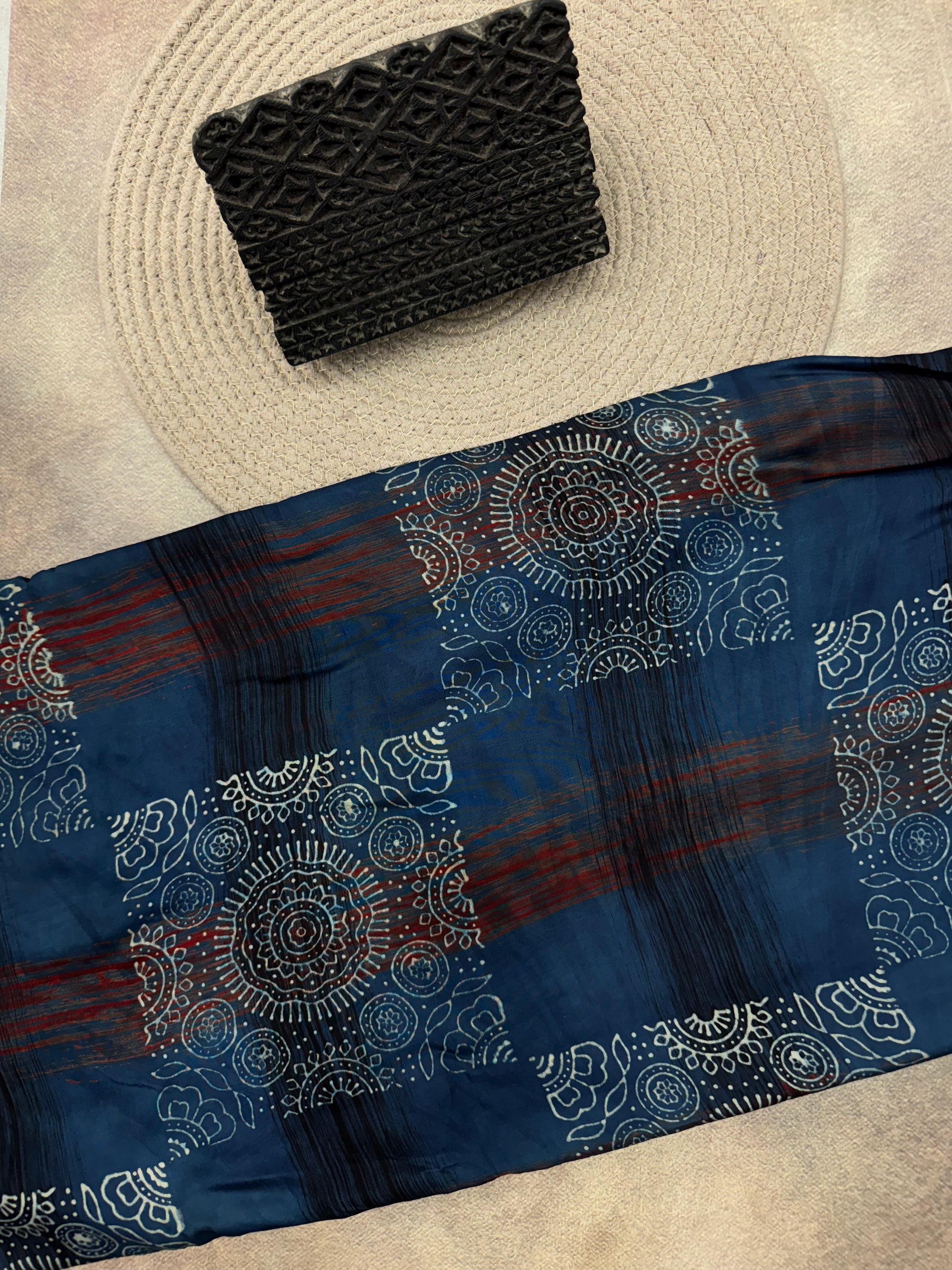 Modal silk Ajrakh Hand Block Printed Running Fabric
