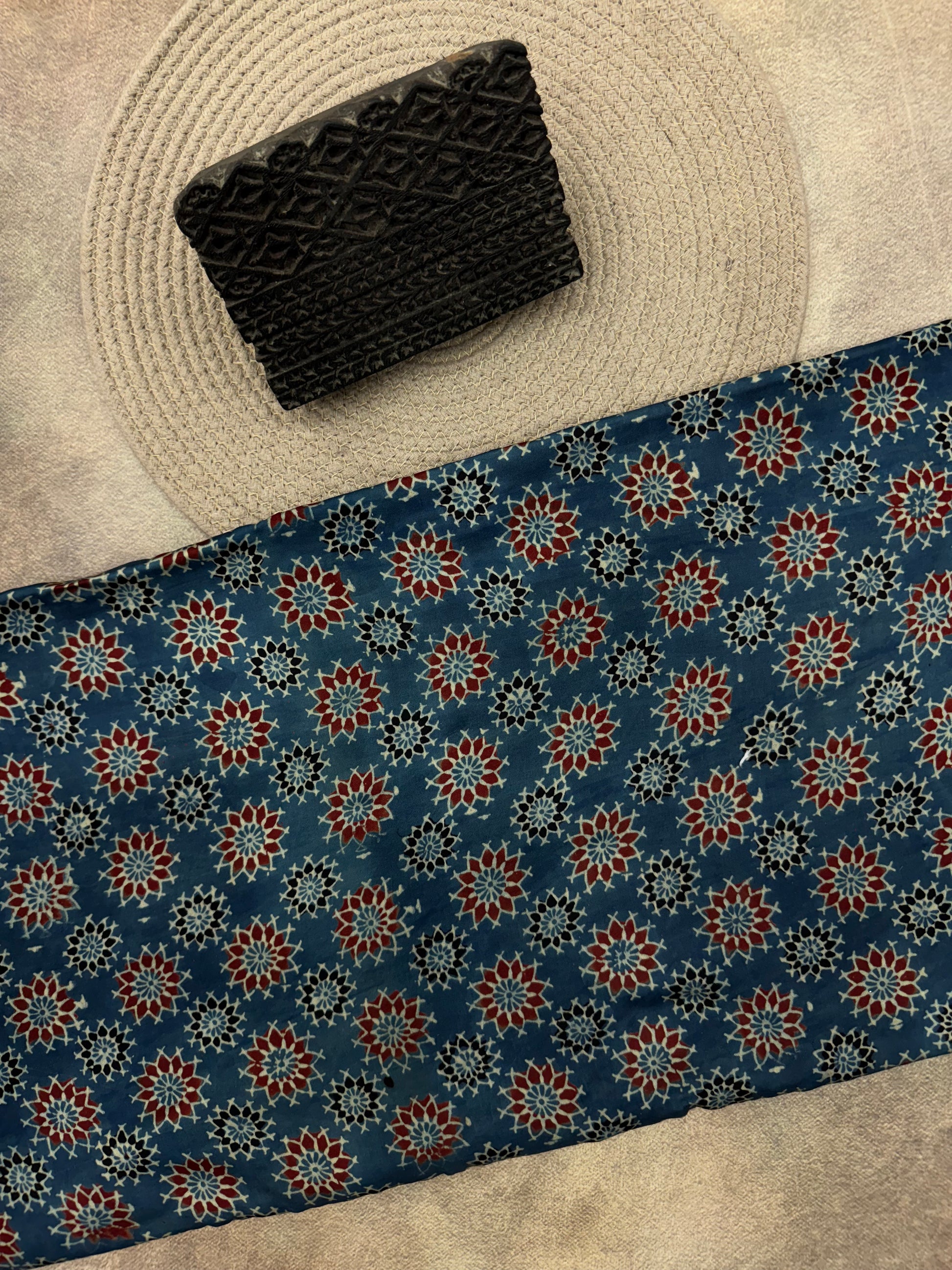 Modal silk Ajrakh Hand Block Printed Running Fabric
