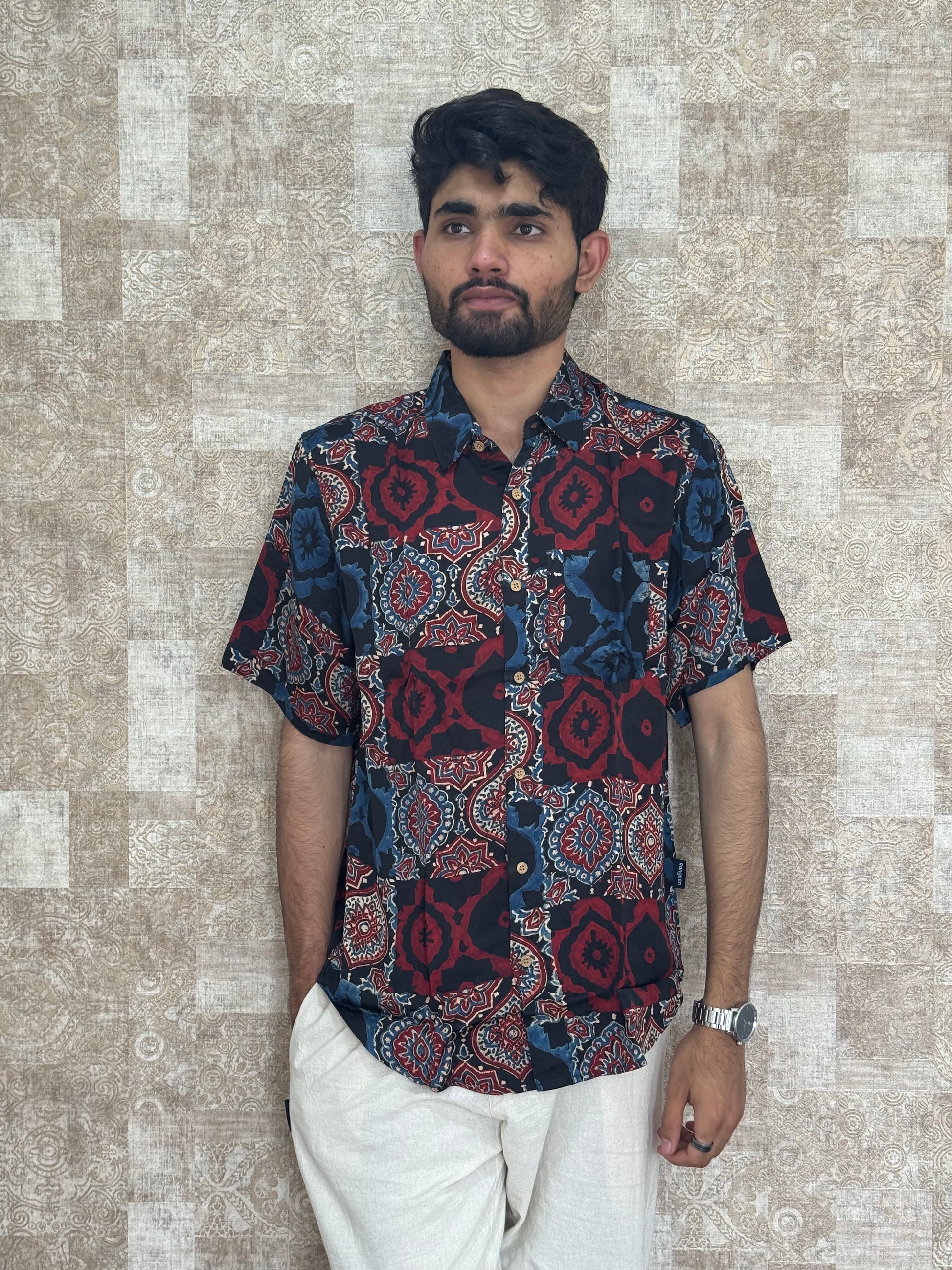 Modal Ajrakh Half Sleeve Shirt For Men