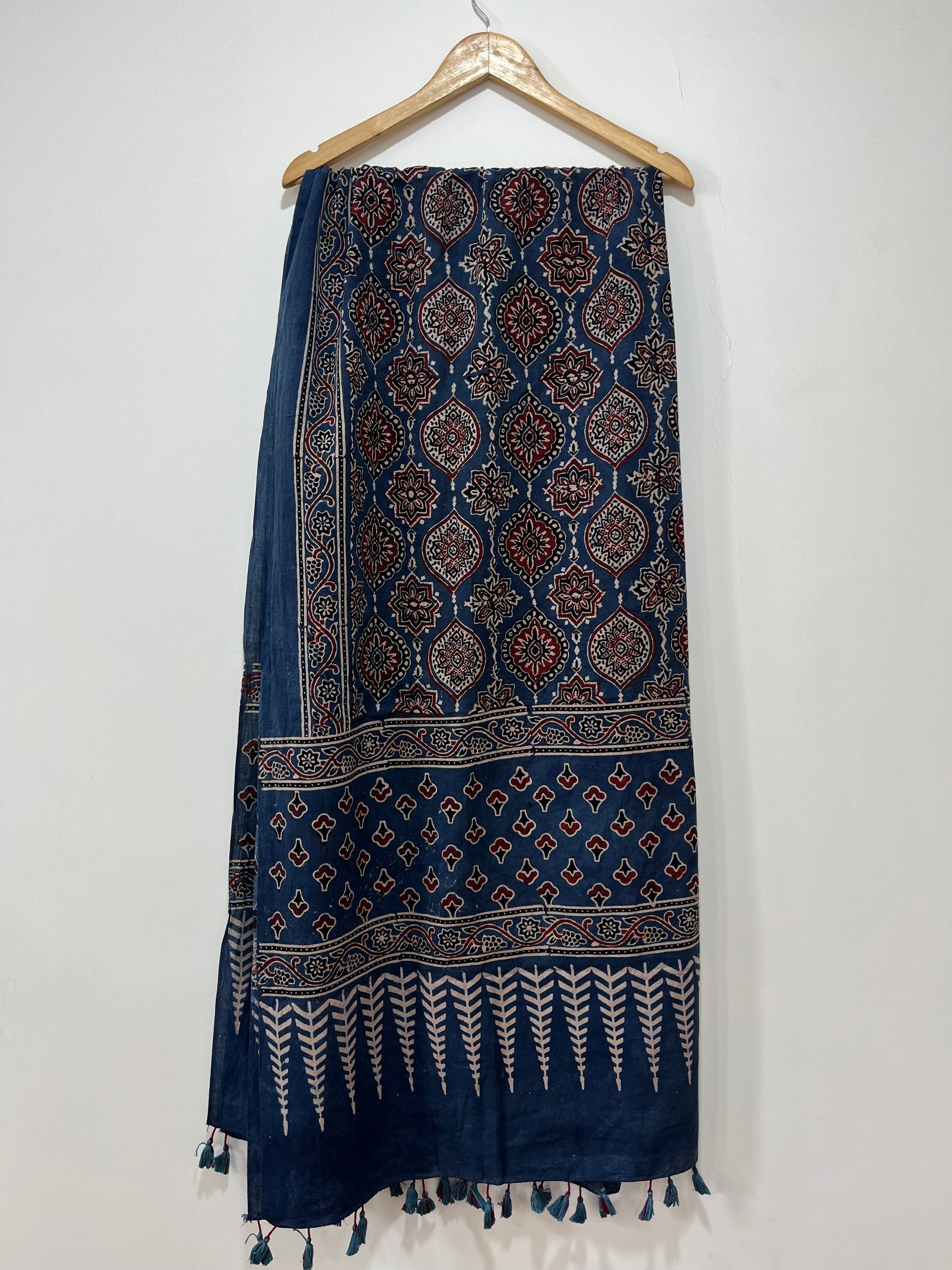 Cotton Ajrakh Hand Block Dupatta With Tessels