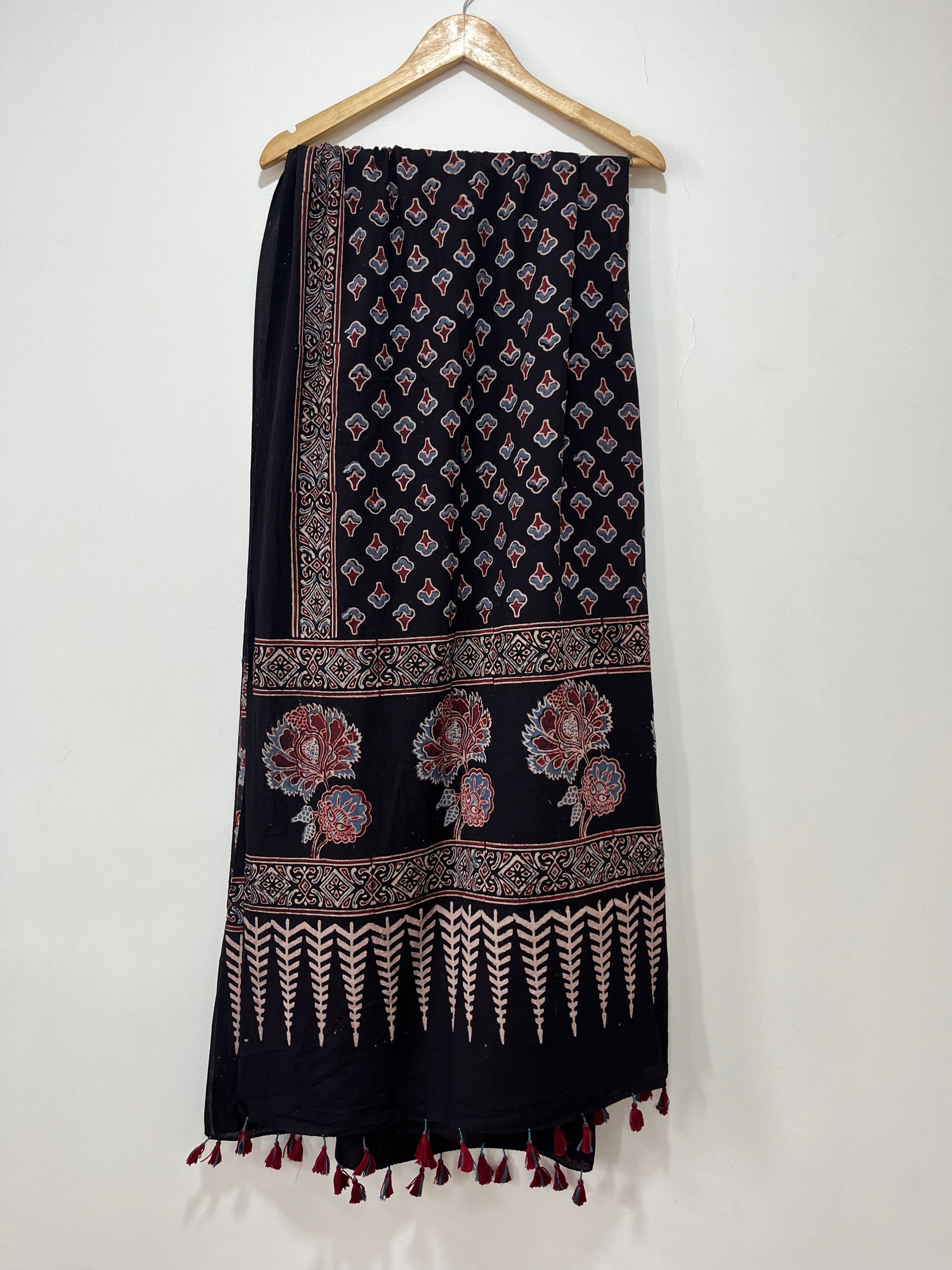 Cotton Ajrakh Hand Block Dupatta With Tessels