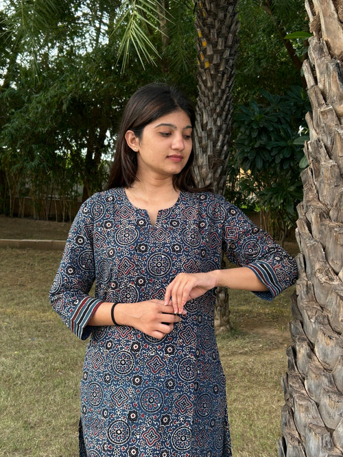Ajrakh Hand Block Print Long Kurti & Pant Set – Cotton