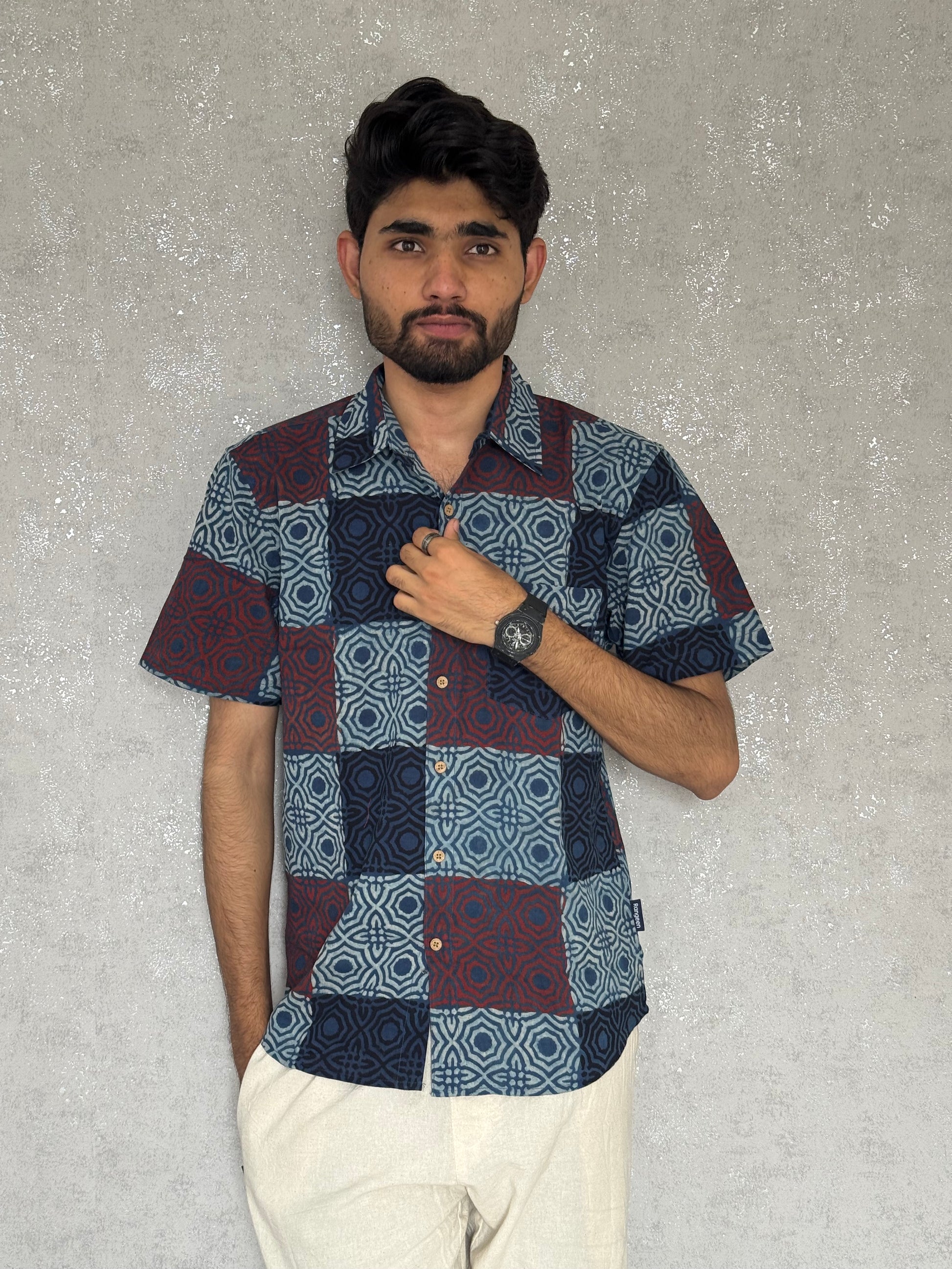 Cotton Ajrakh Half Sleeve Shirt For Men