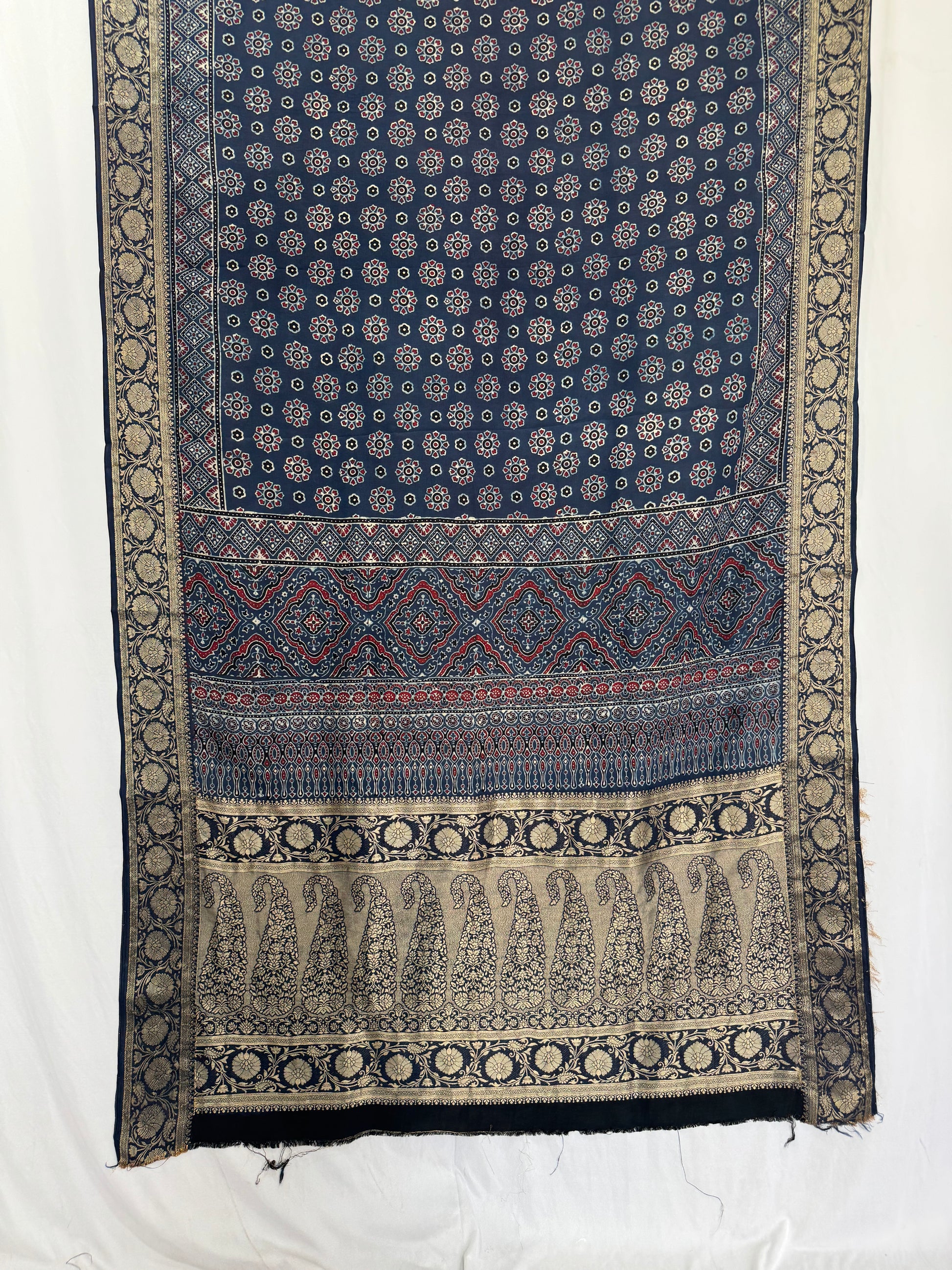 Dola Silk Ajrakh Hand Block Saree