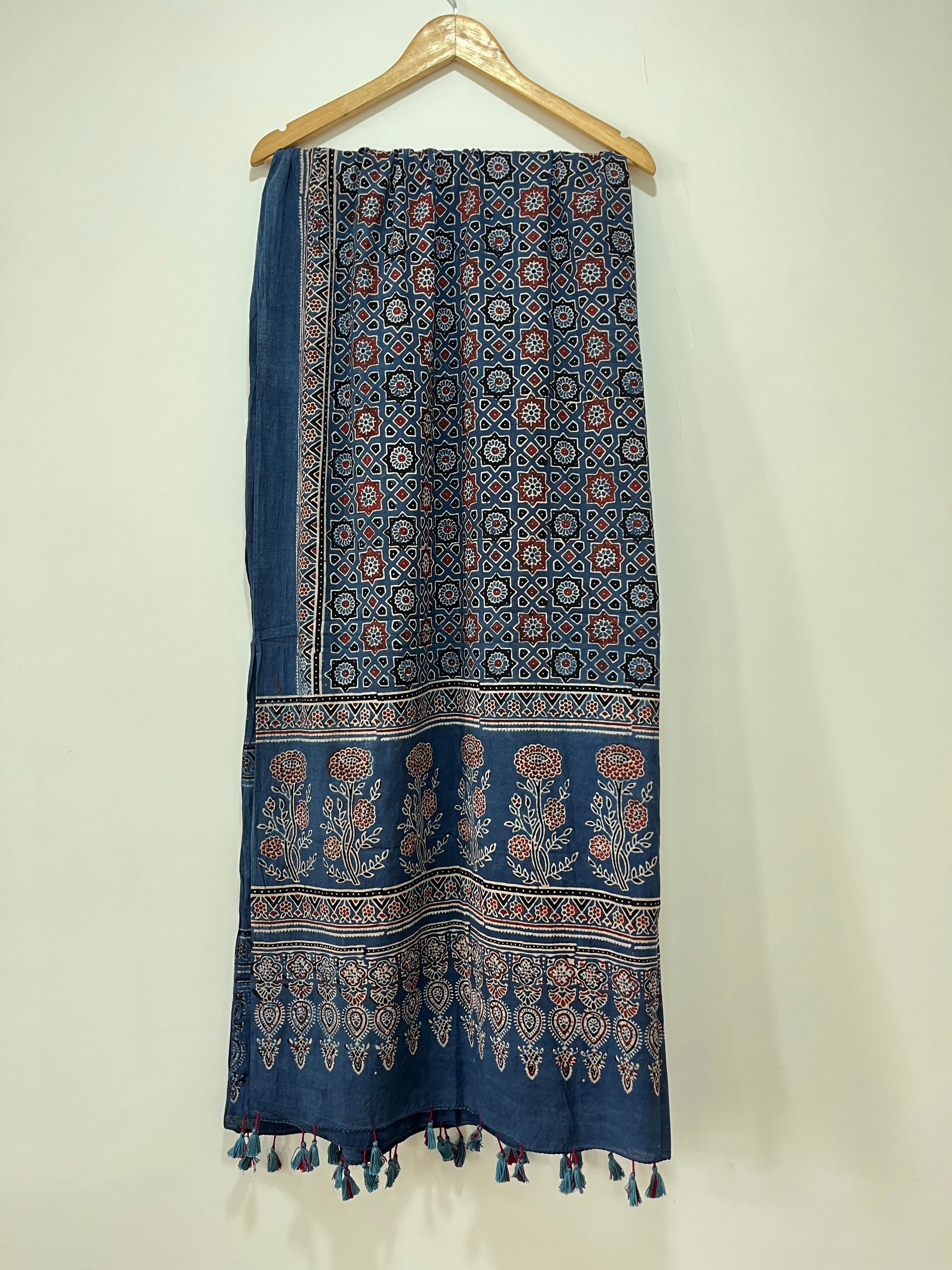 Cotton Ajrakh Hand Block Dupatta With Tessels