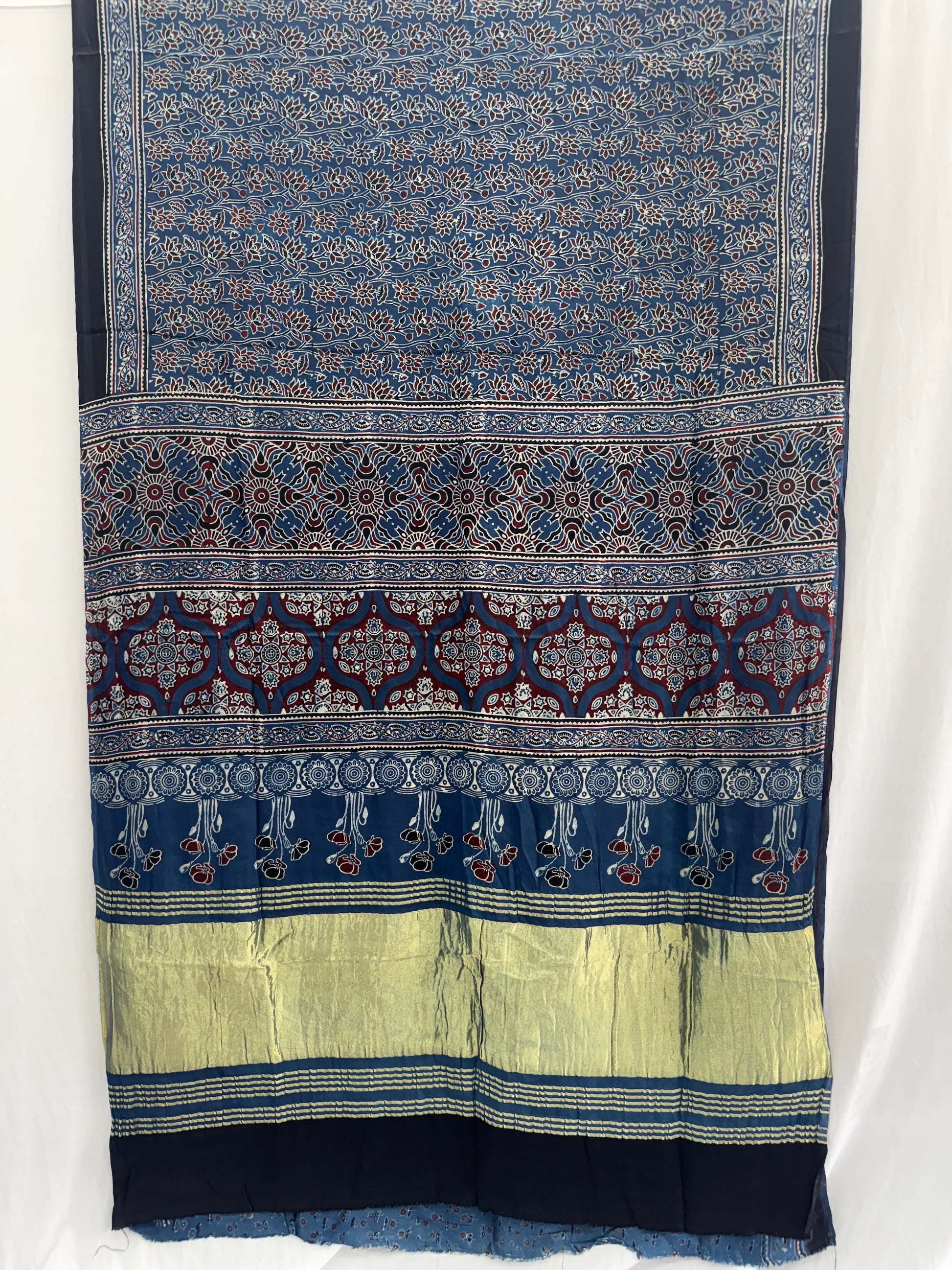 Modal silk Ajrakh Hand Block Saree With TCU Pallu (ZARI/LAGDI PATTA)