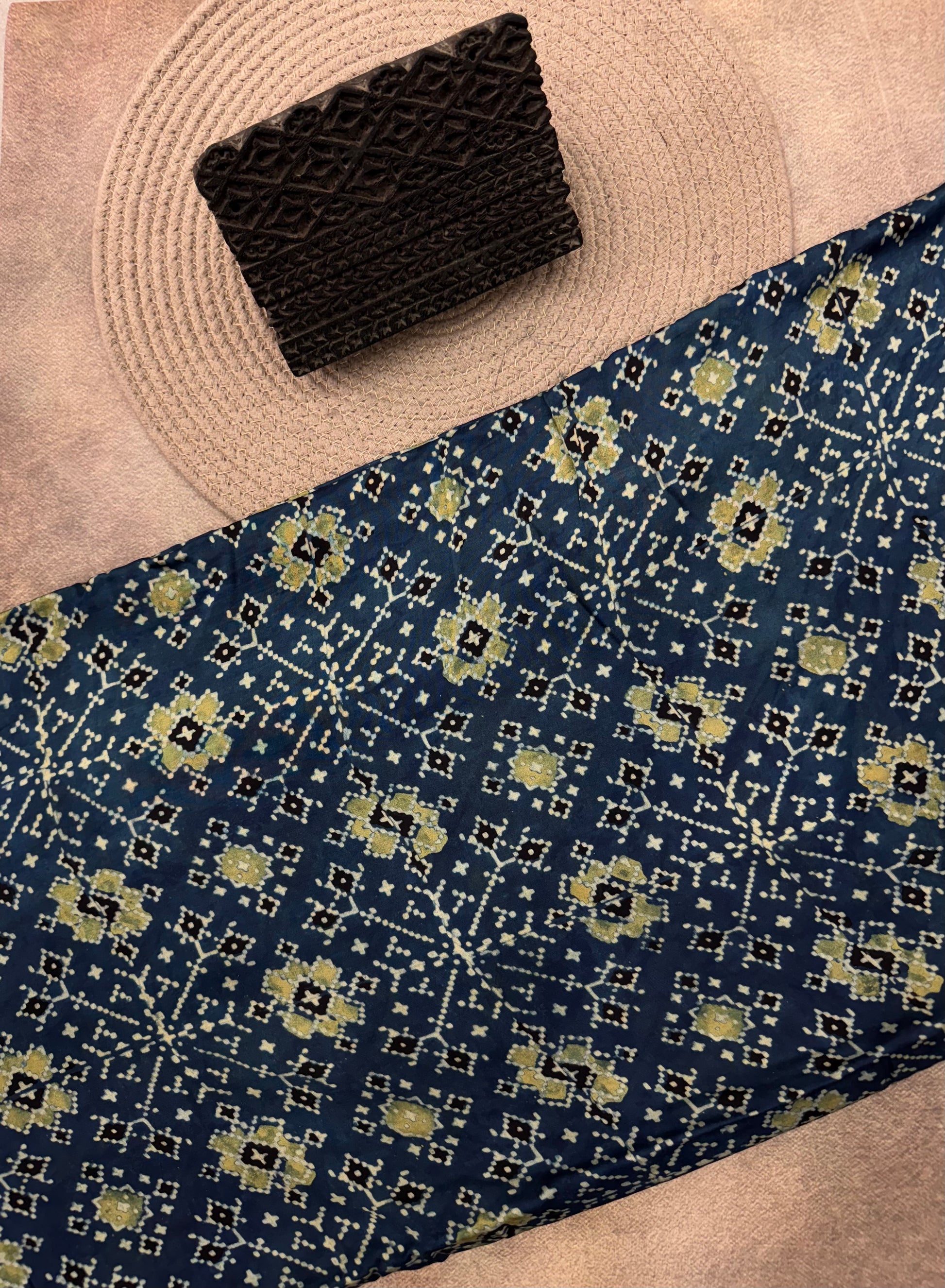 Modal silk Ajrakh Hand Block Printed Running Fabric