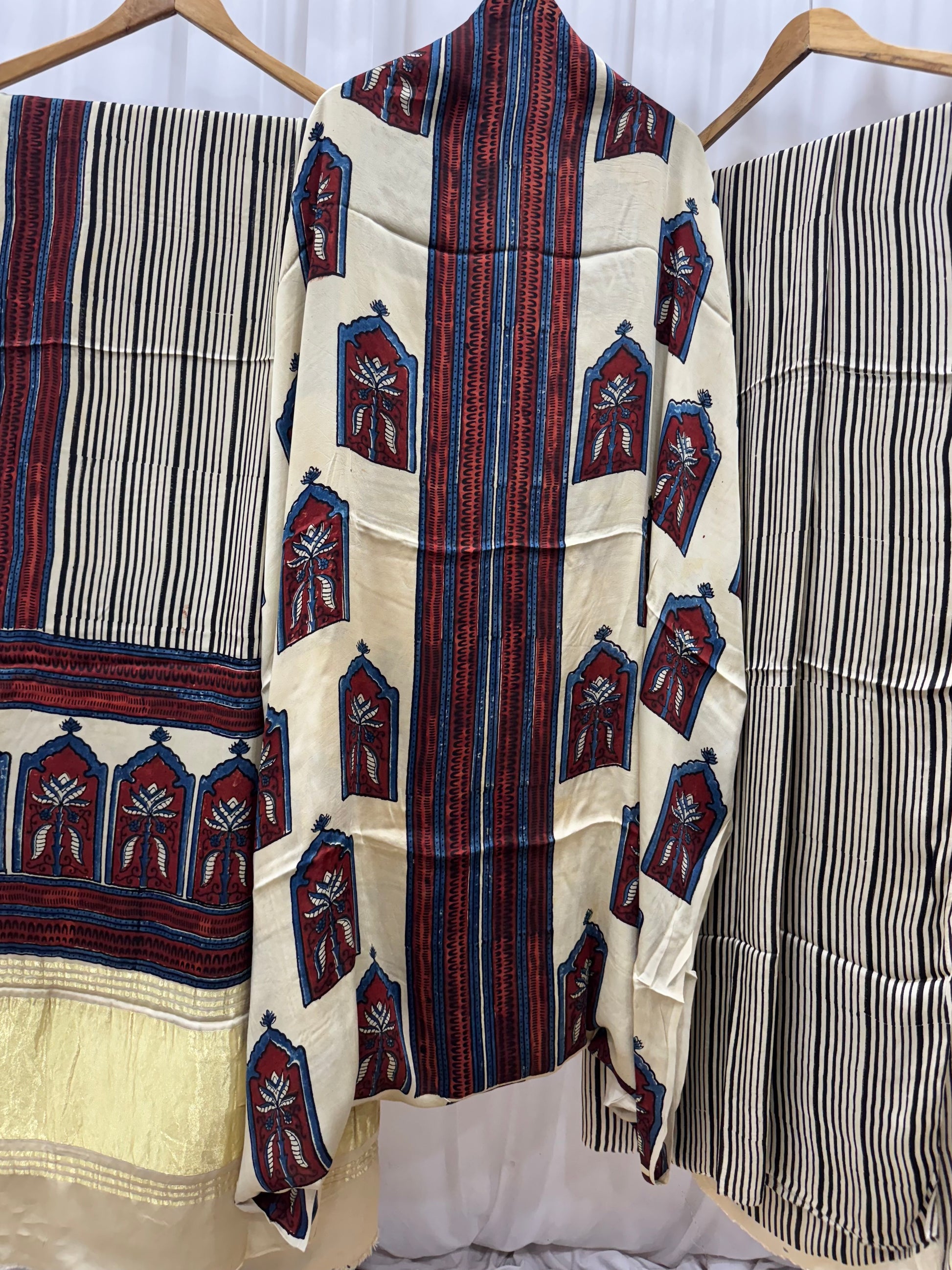 Modal Silk Ajrakh Hand Block printed 3 piece Suit Dress Materials with TCU PALLU (LAGDI / ZARI PATTA)