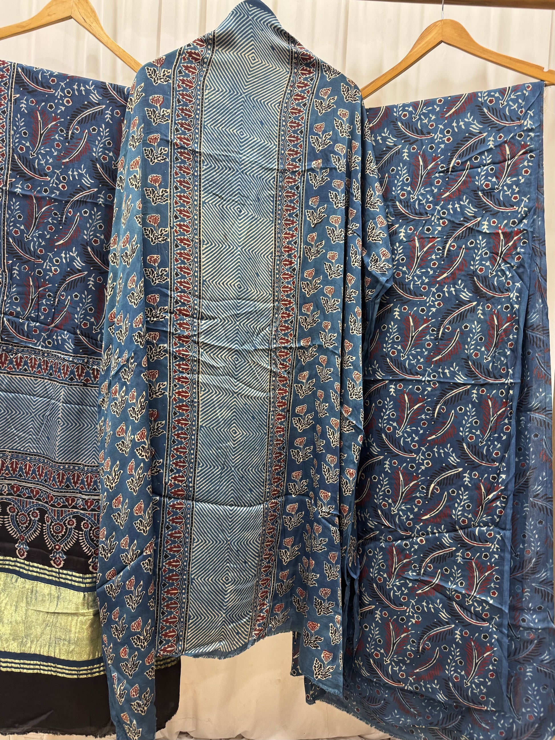 Modal Silk Ajrakh Hand Block printed 3 piece Suit Dress Materials with TCU PALLU (LAGDI / ZARI PATTA)