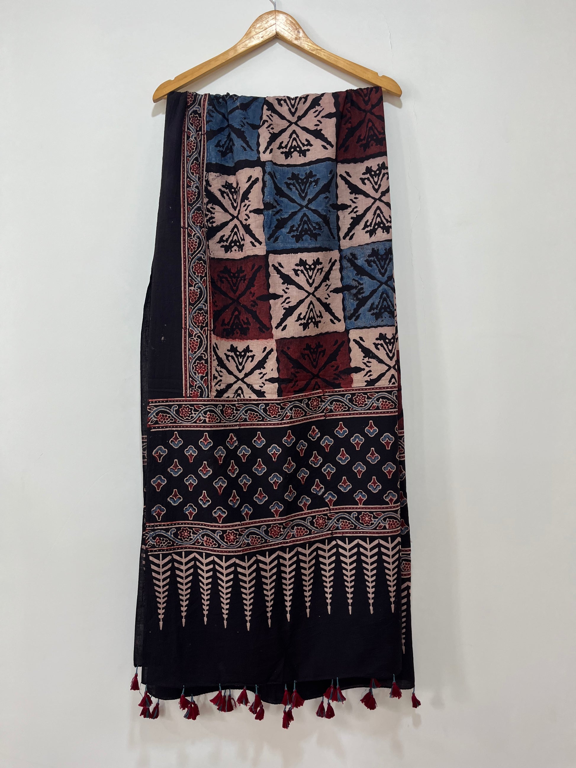 Cotton Ajrakh Hand Block Dupatta With Tessels