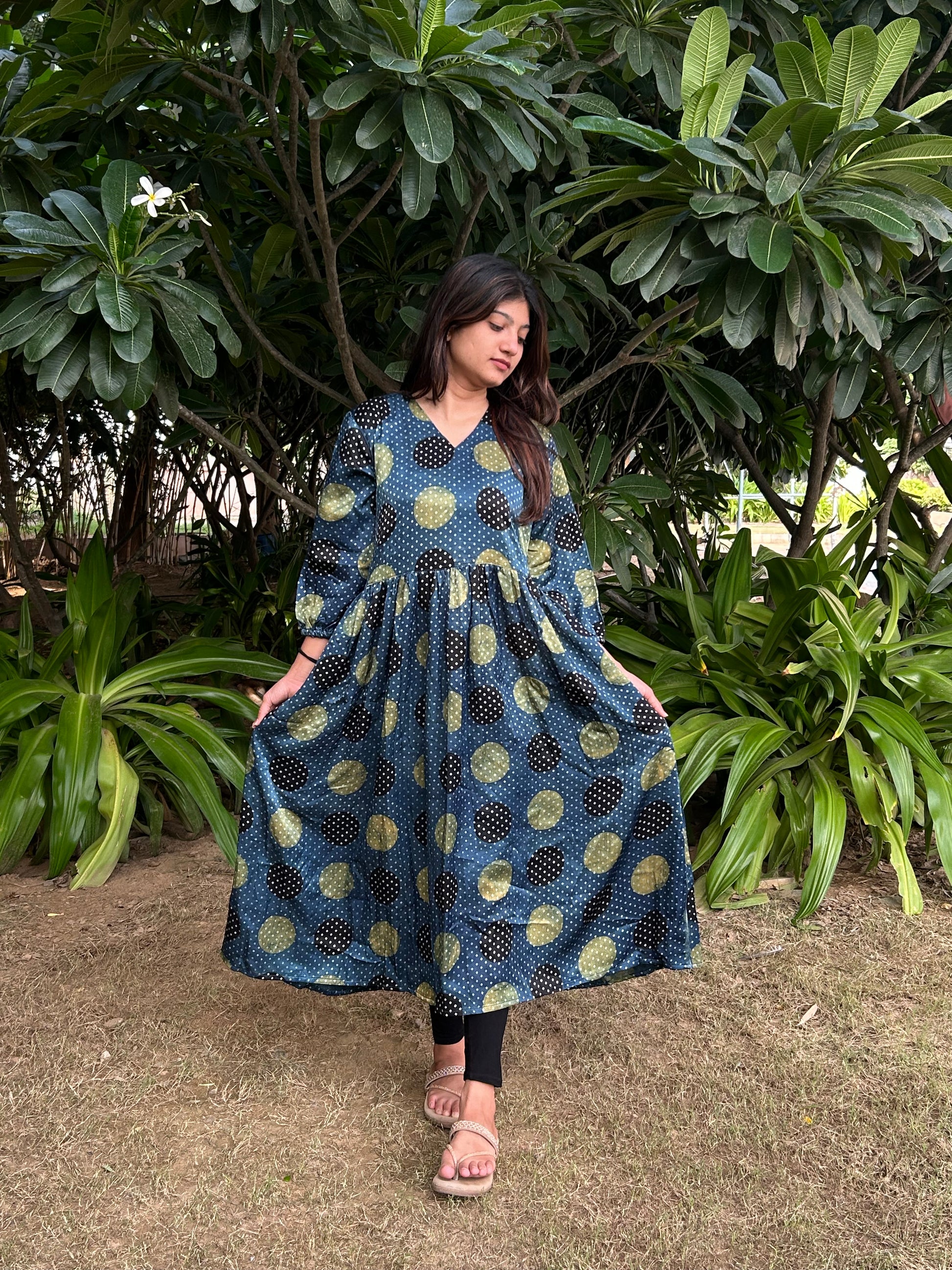 Mashru Long Frock – Ajrakh Hand Block, One Piece with 2 Side Pockets
