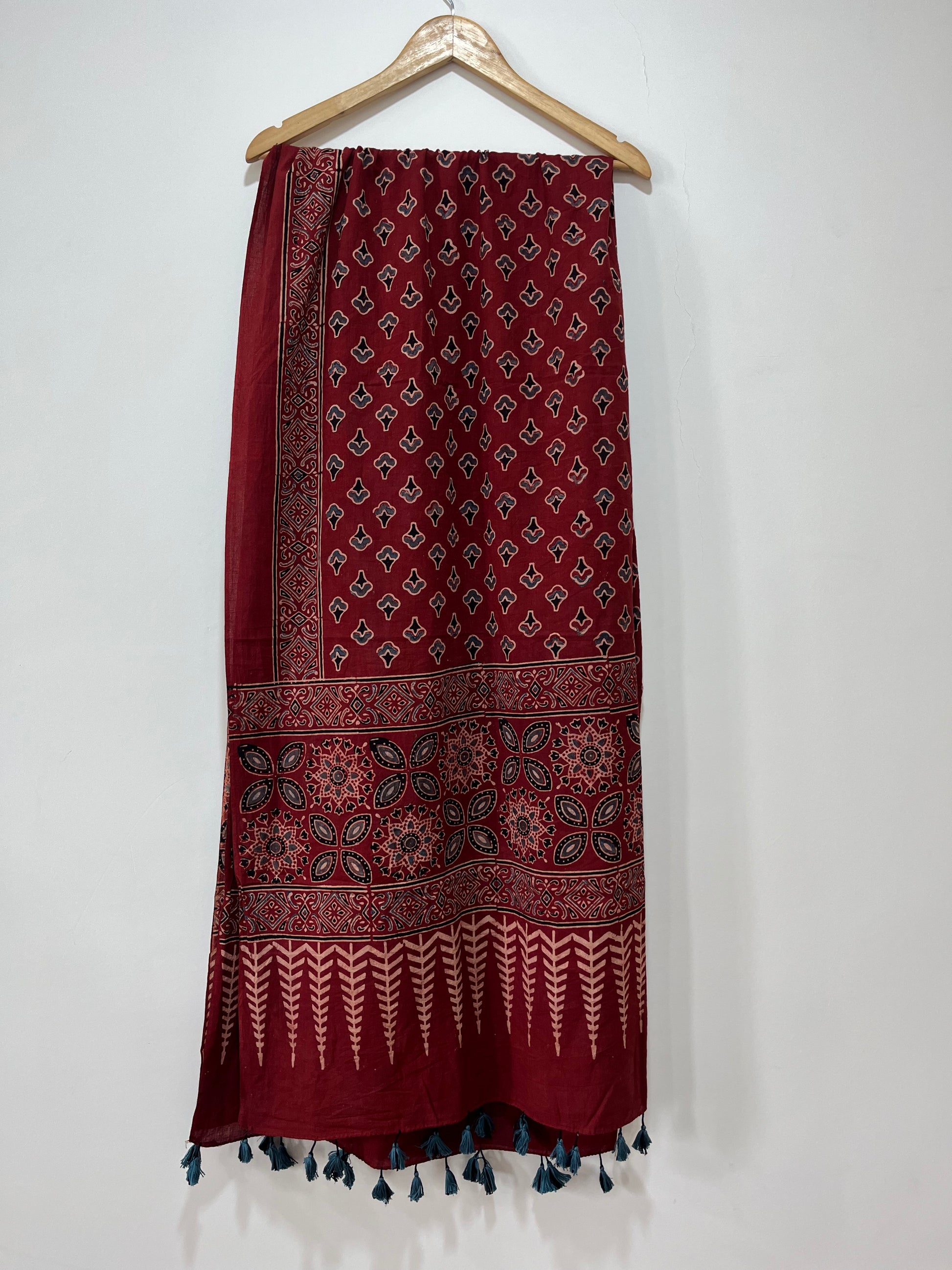 Cotton Ajrakh Hand Block Dupatta With Tessels