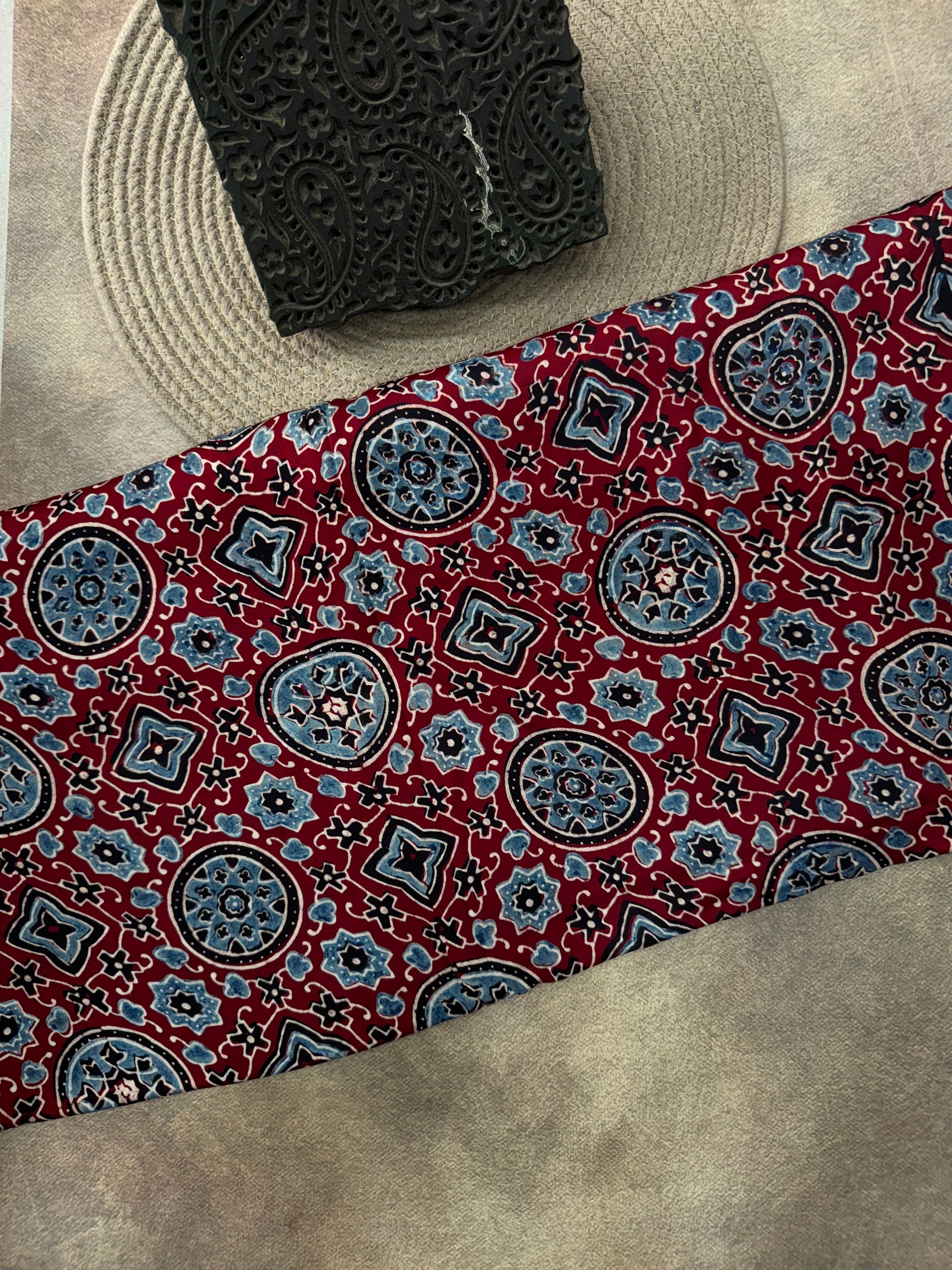 Modal silk Ajrakh Hand Block Printed Running Fabric