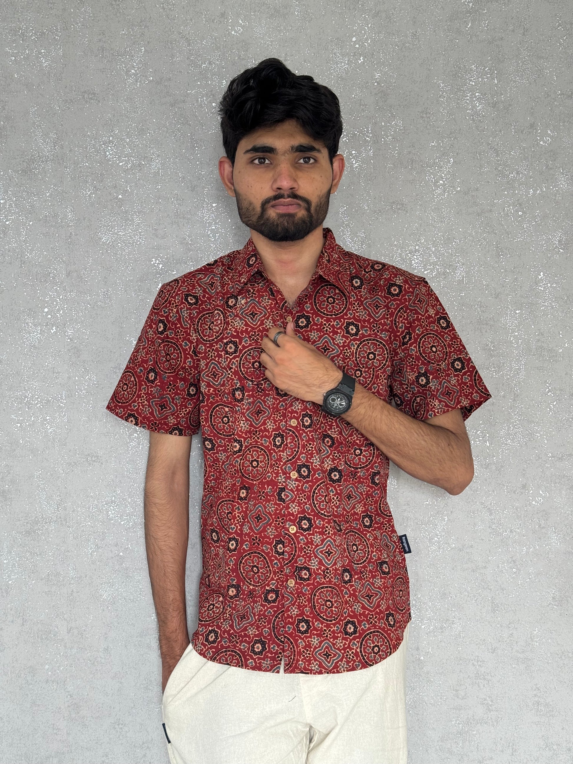 Cotton Ajrakh Half Sleeve Shirt For Men
