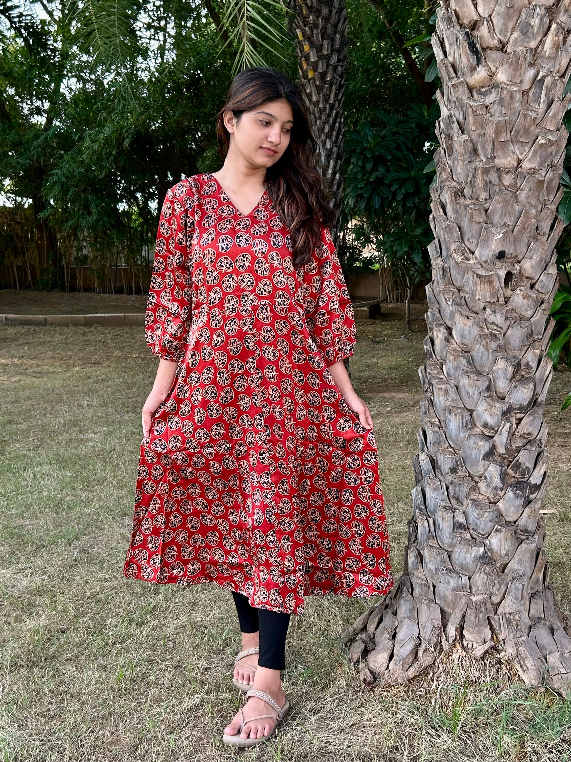 Mashru Long Frock – Ajrakh Hand Block, One Piece with 2 Side Pockets