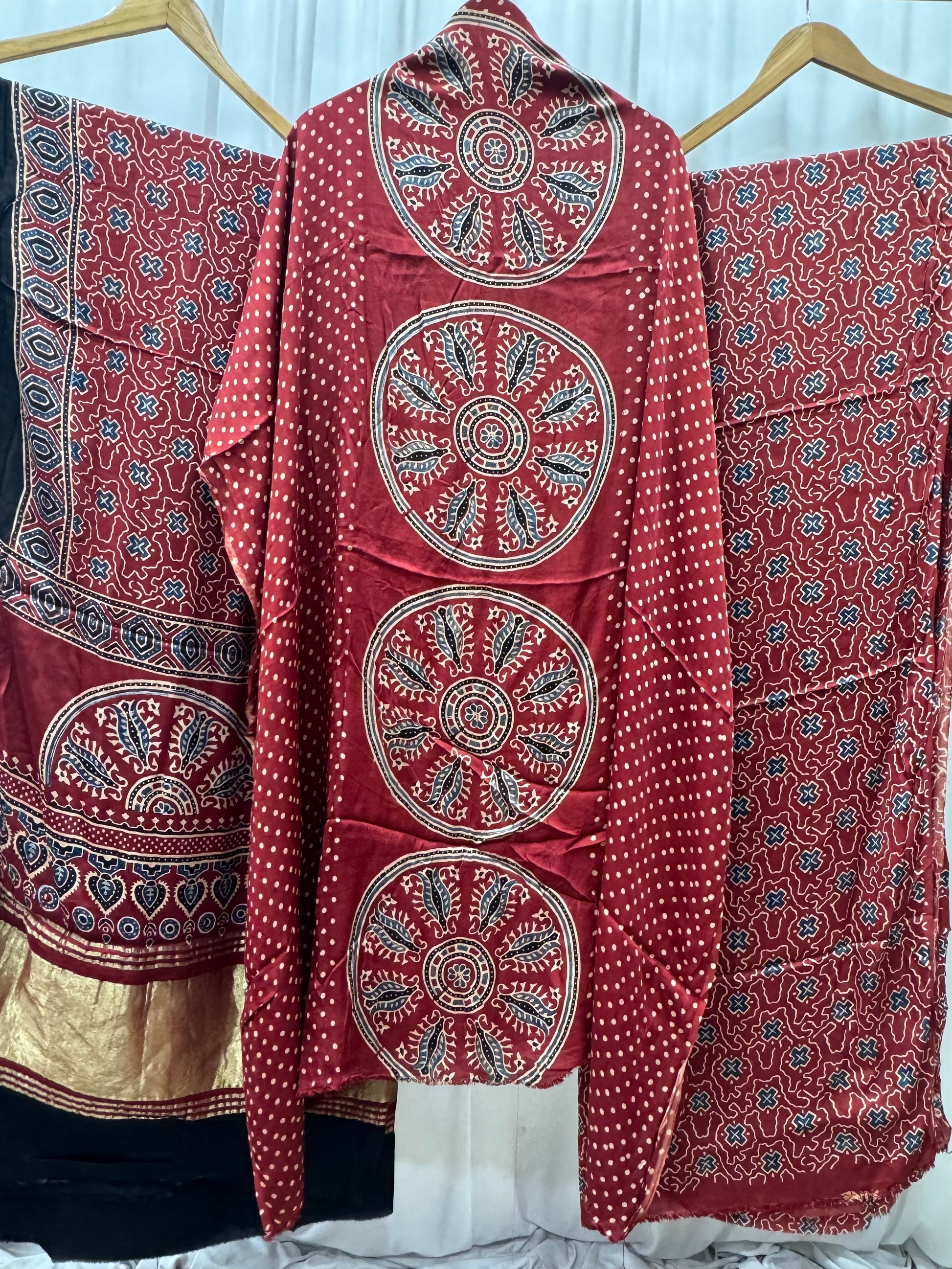Modal Silk Ajrakh Hand Block printed 3 piece Suit Dress Materials with TCU PALLU (LAGDI / ZARI PATTA)