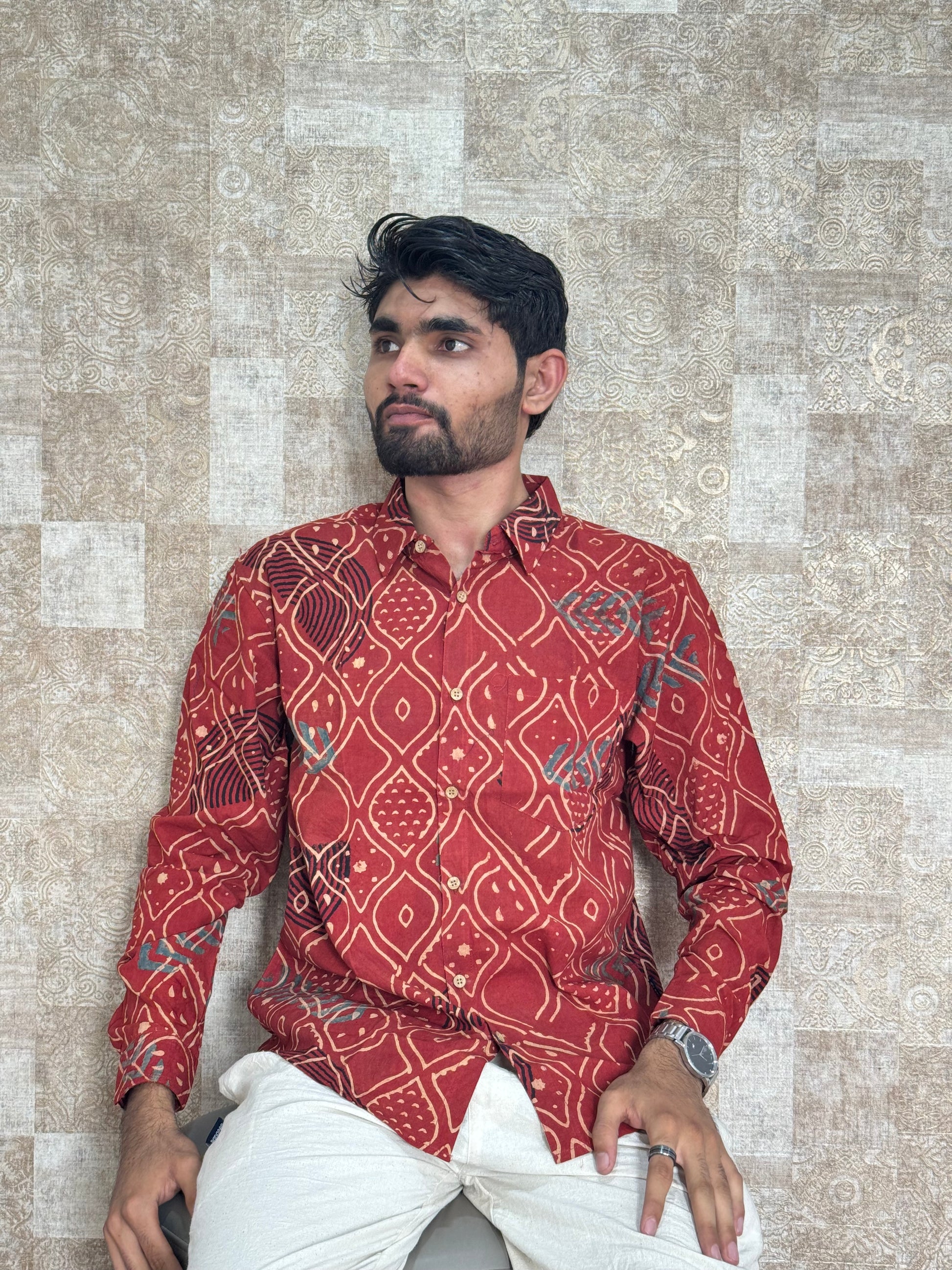 Cotton Ajrakh Full Sleeve Shirt For Men
