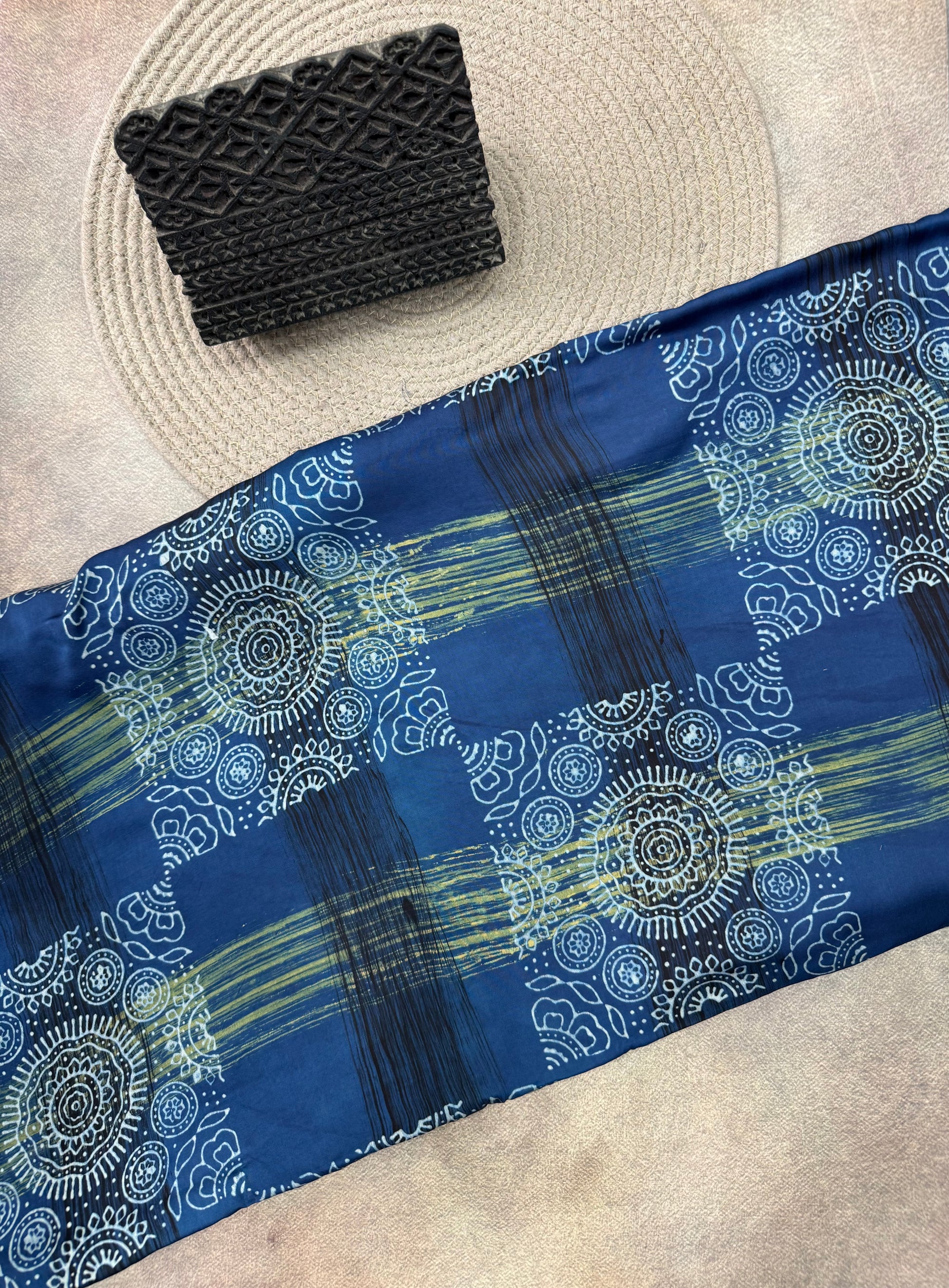 Modal silk Ajrakh Hand Block Printed Running Fabric