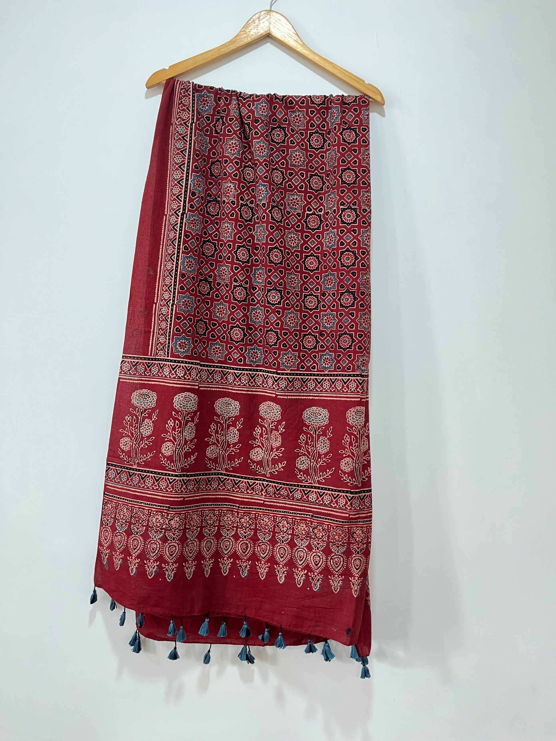 Cotton Ajrakh Hand Block Dupatta With Tessels