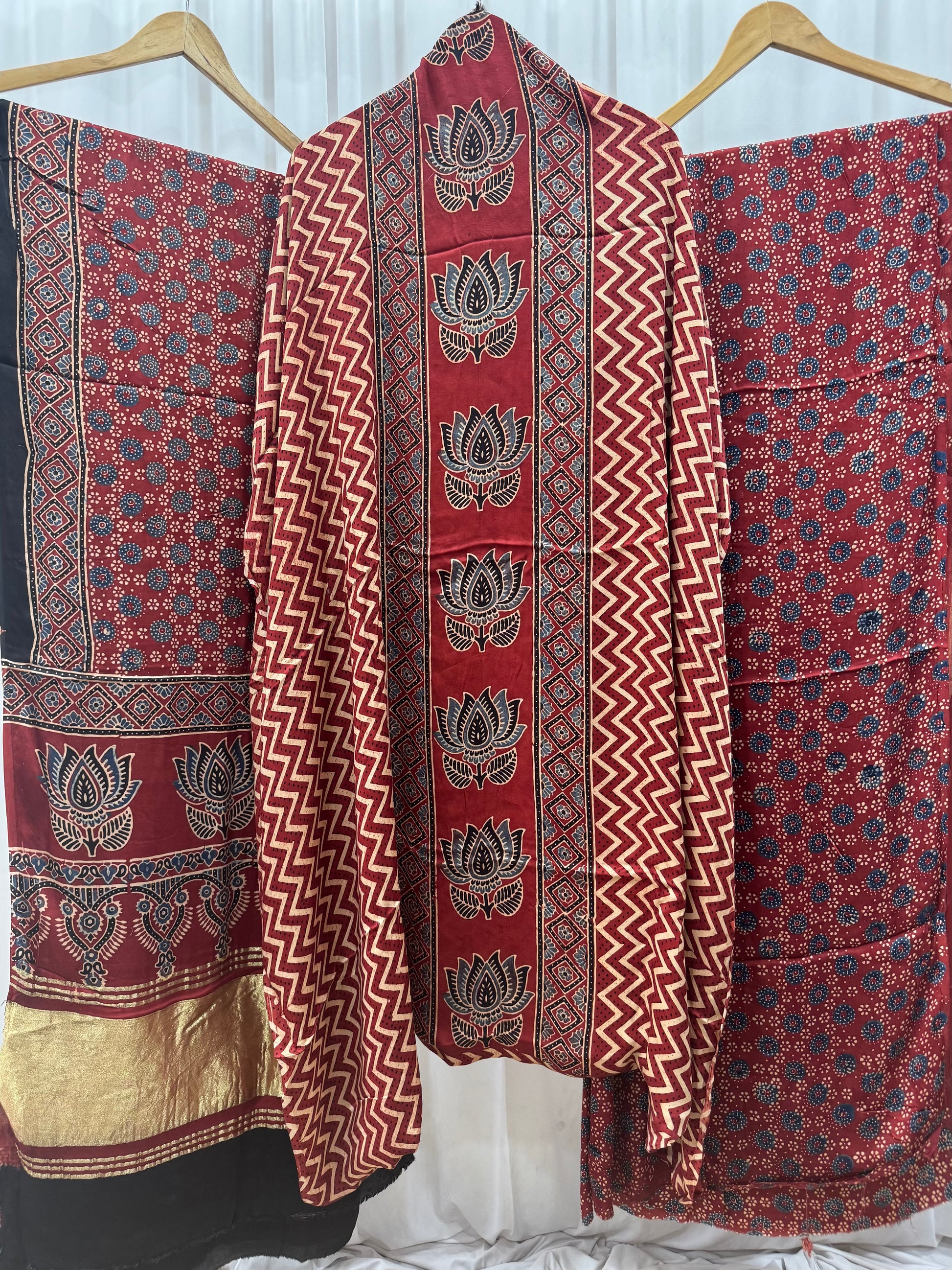 Modal Silk Ajrakh Hand Block printed 3 piece Suit Dress Materials with TCU PALLU (LAGDI / ZARI PATTA)