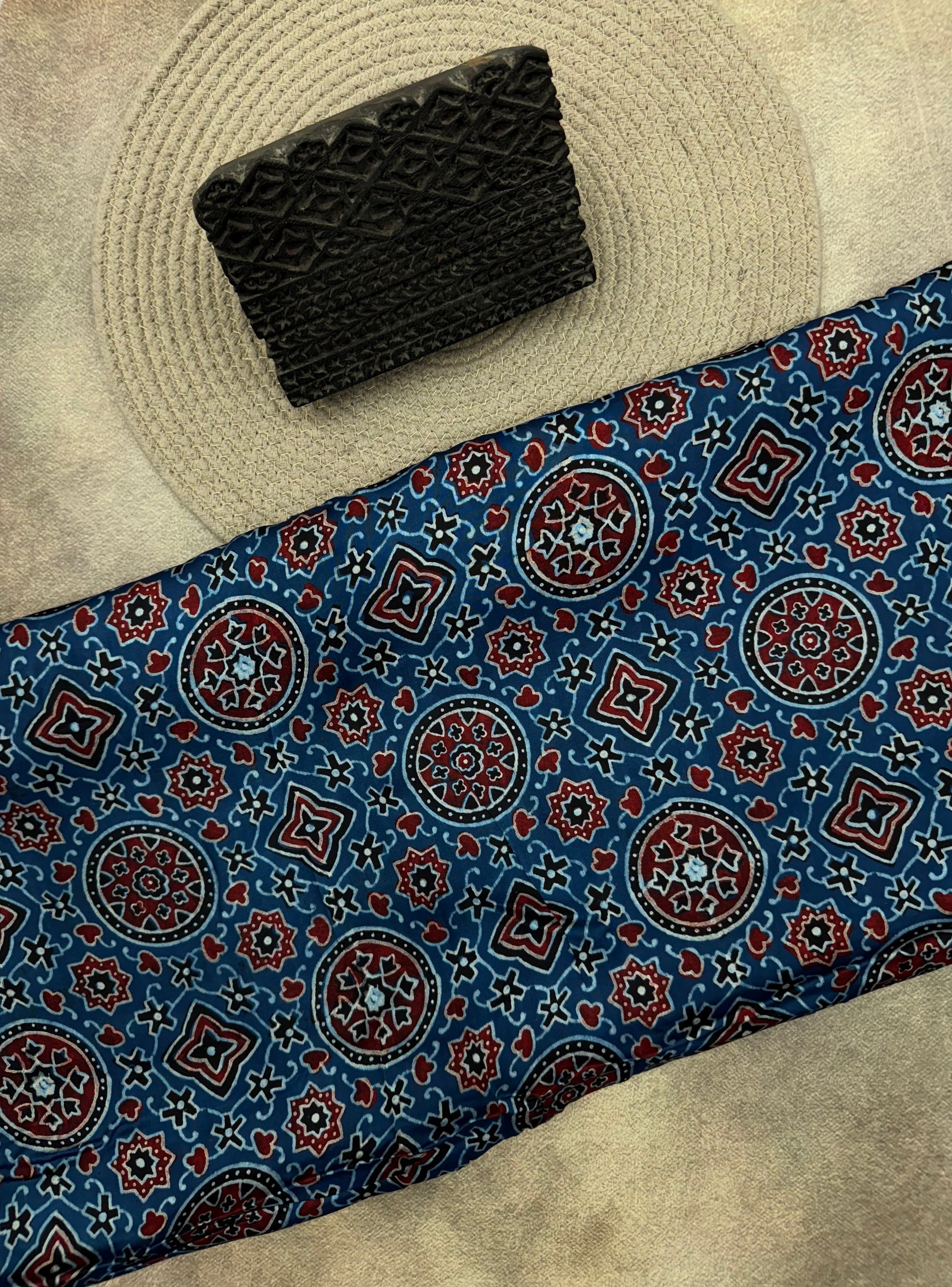 Modal silk Ajrakh Hand Block Printed Running Fabric